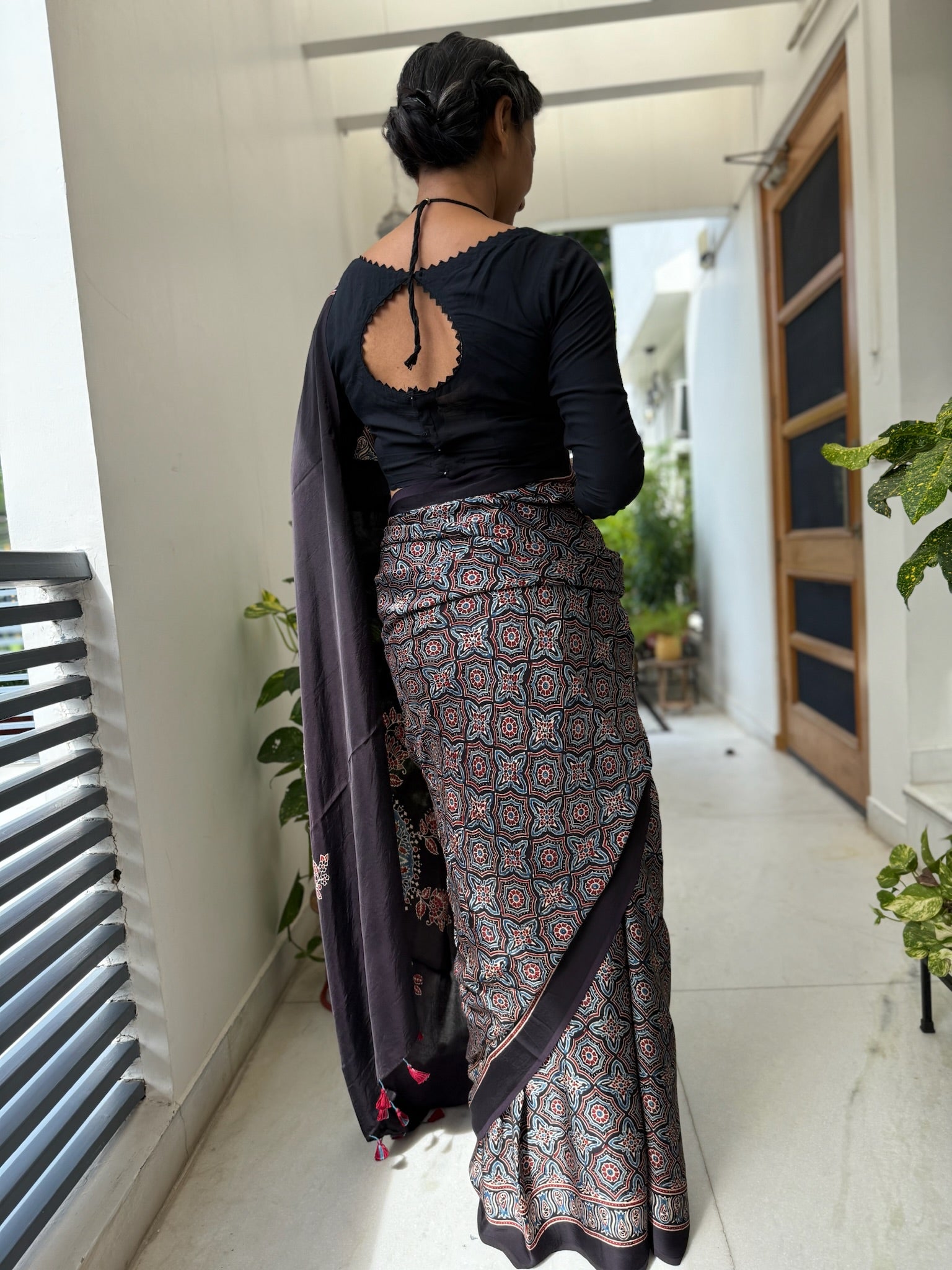 Black Indigo Hand Block Ajrakh Modal Silk Saree