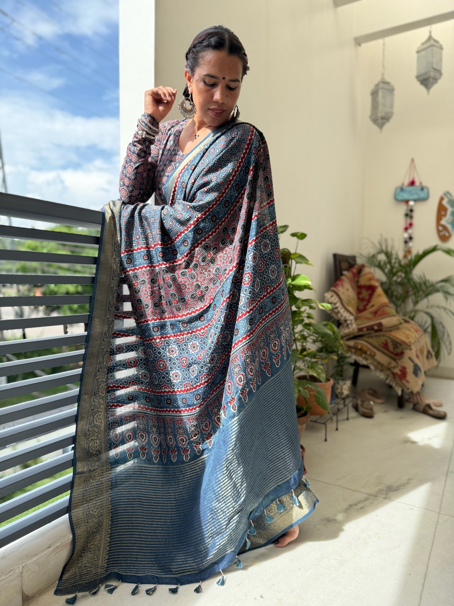 Indigo Blue Hand Block Ajrakh Dola Silk Saree