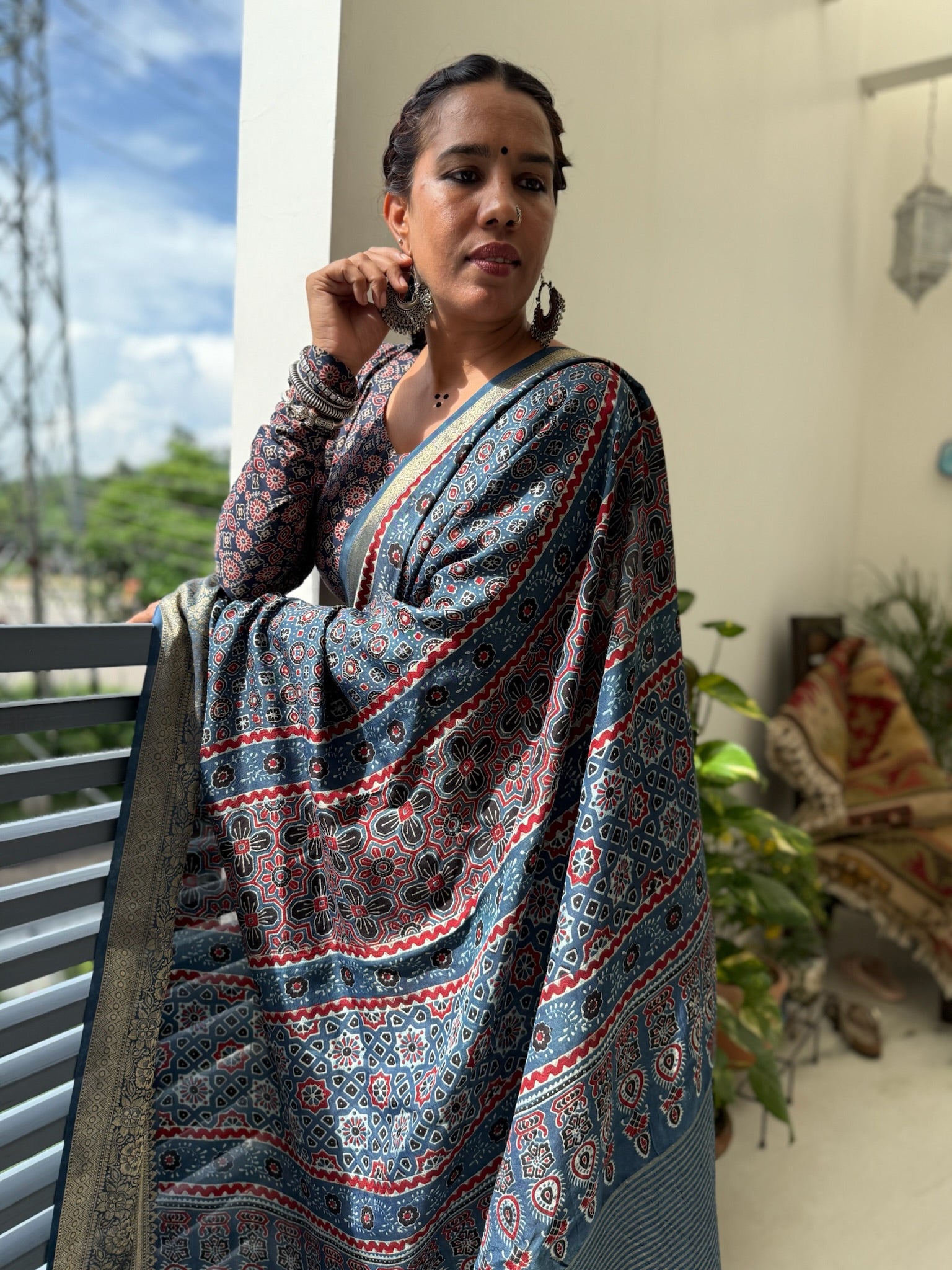 Indigo Blue Hand Block Ajrakh Dola Silk Saree