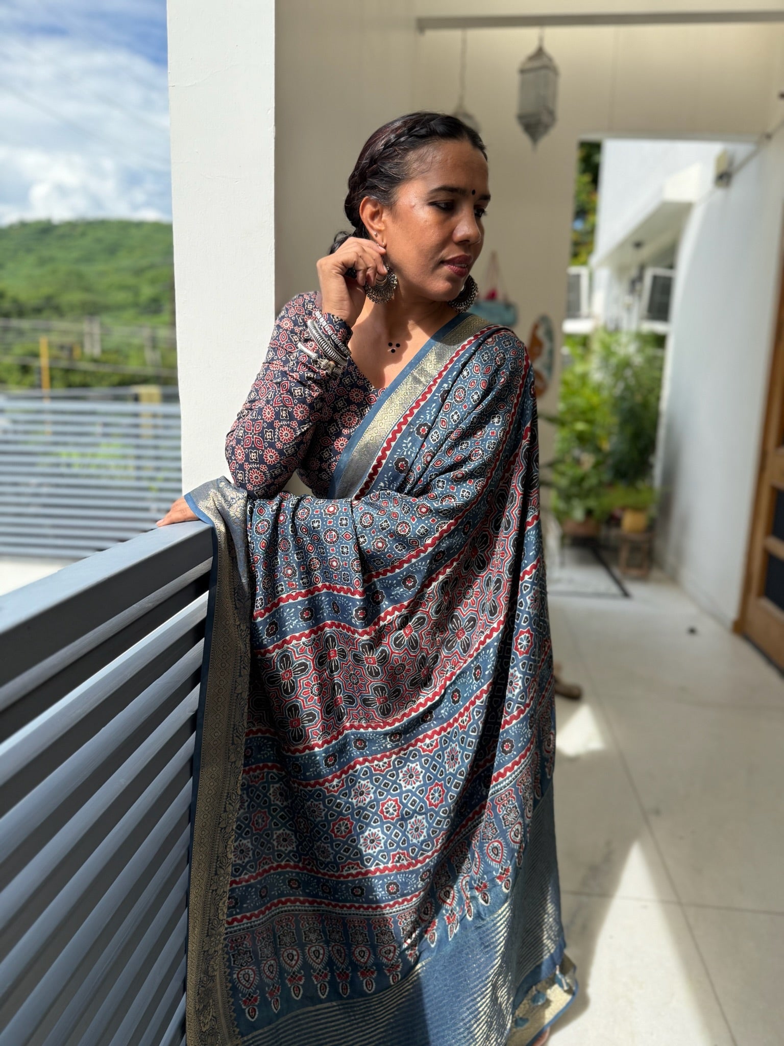 Indigo Blue Hand Block Ajrakh Dola Silk Saree