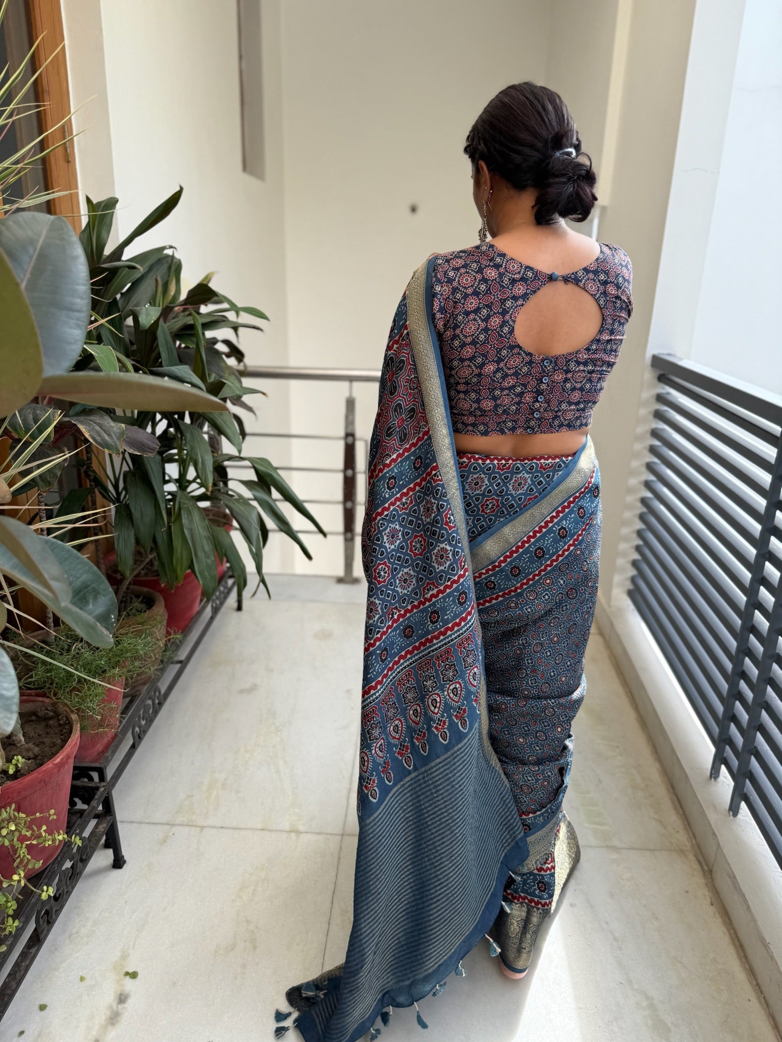 Indigo Blue Hand Block Ajrakh Dola Silk Saree