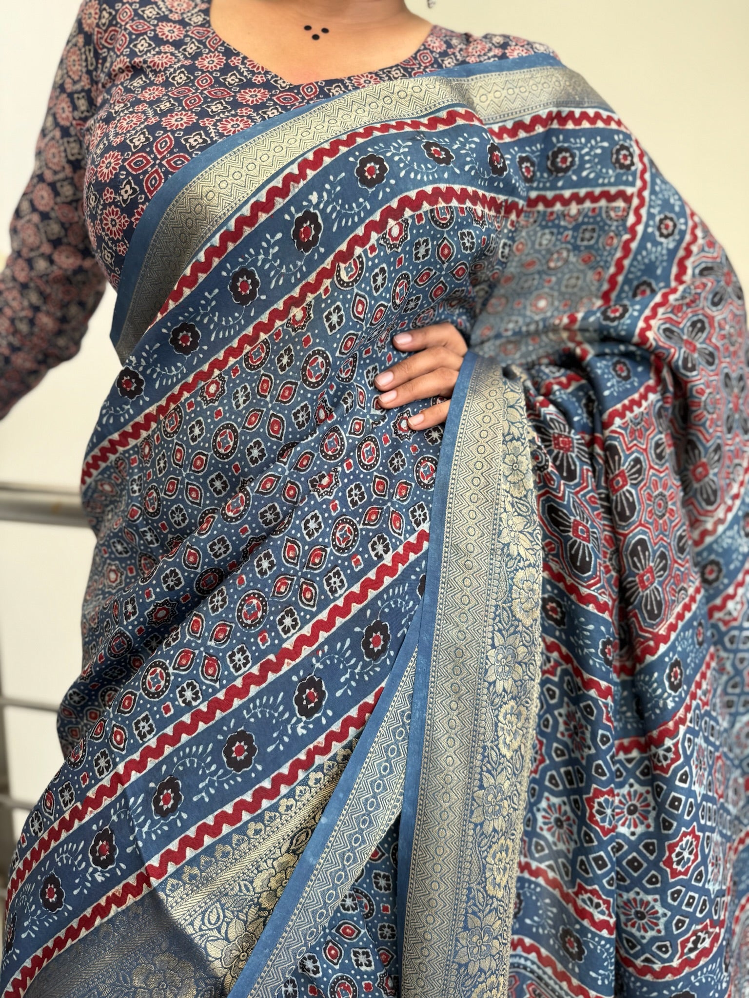 Indigo Blue Hand Block Ajrakh Dola Silk Saree