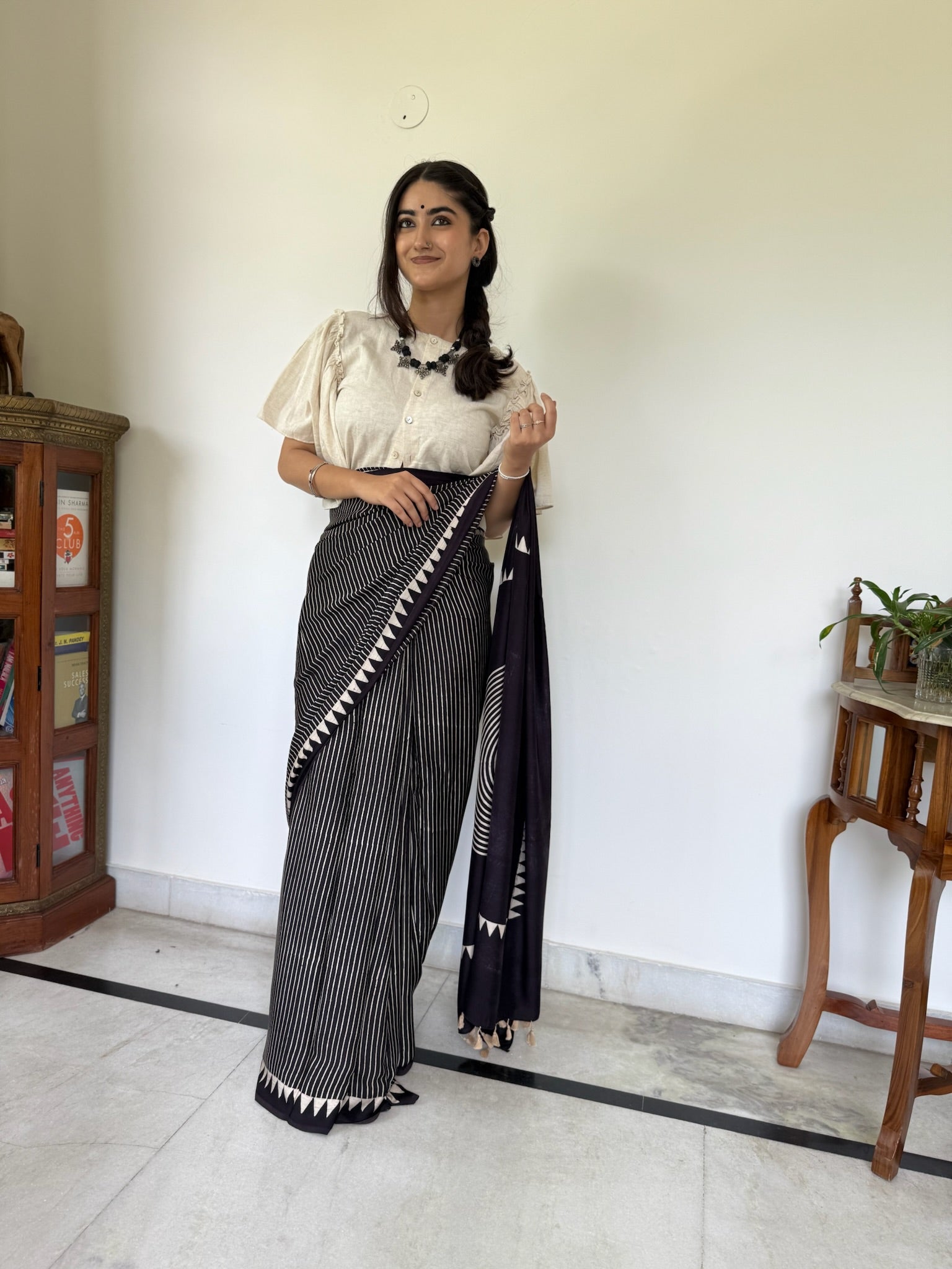 Black Offwhite Geometric Hand Block Ajrakh Modal Silk Saree