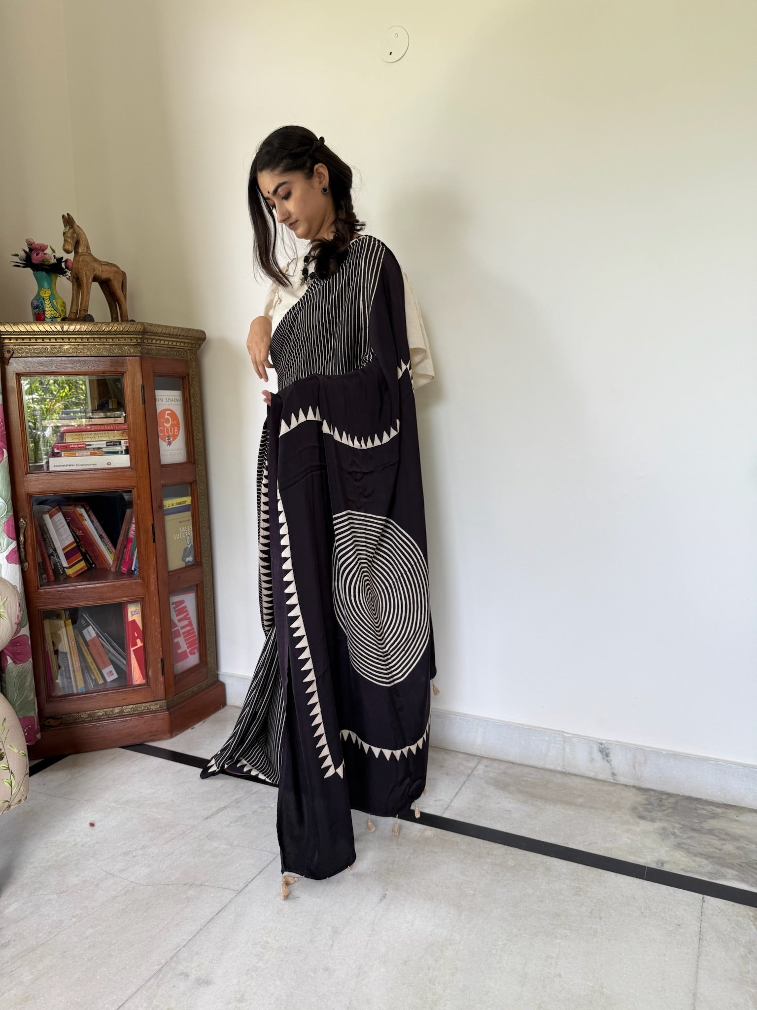 Black Offwhite Geometric Hand Block Ajrakh Modal Silk Saree