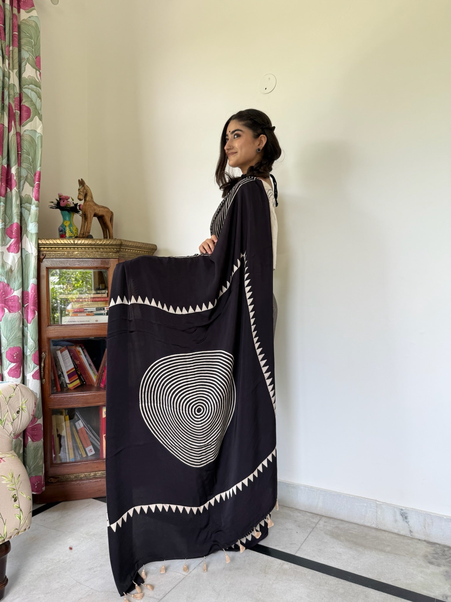 Black Offwhite Geometric Hand Block Ajrakh Modal Silk Saree