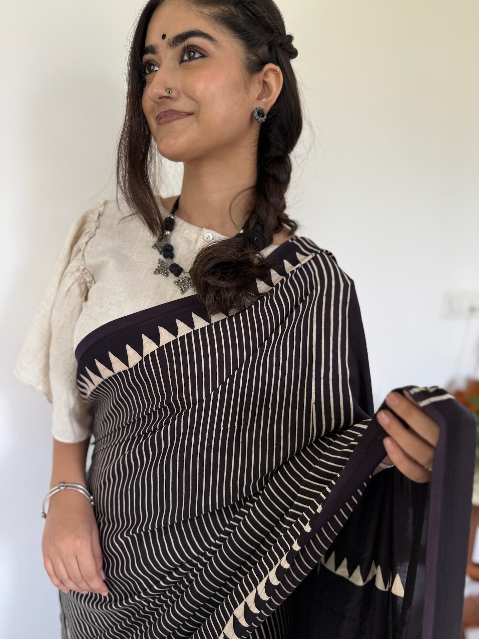 Black Offwhite Geometric Hand Block Ajrakh Modal Silk Saree