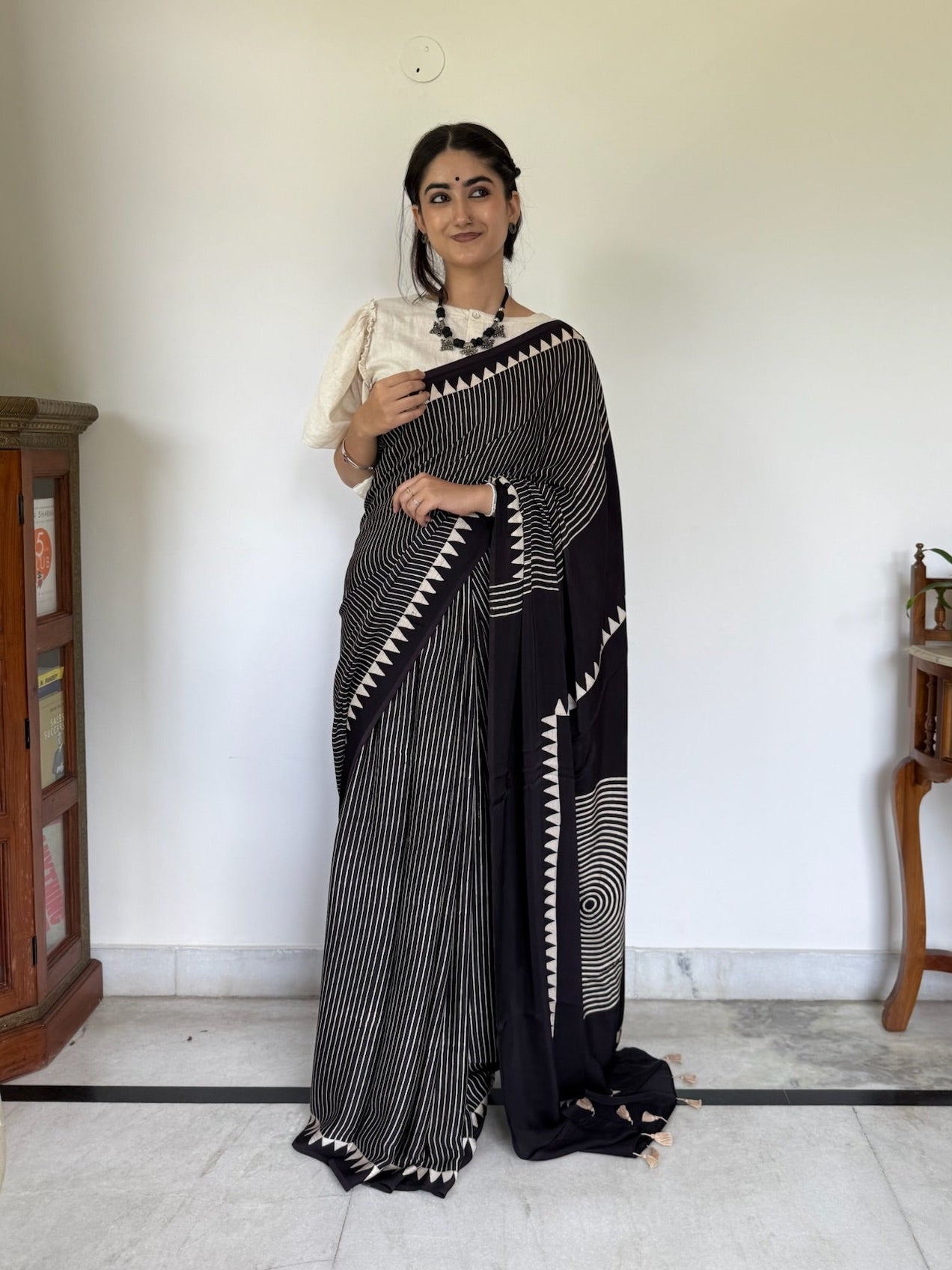 Black Offwhite Geometric Hand Block Ajrakh Modal Silk Saree
