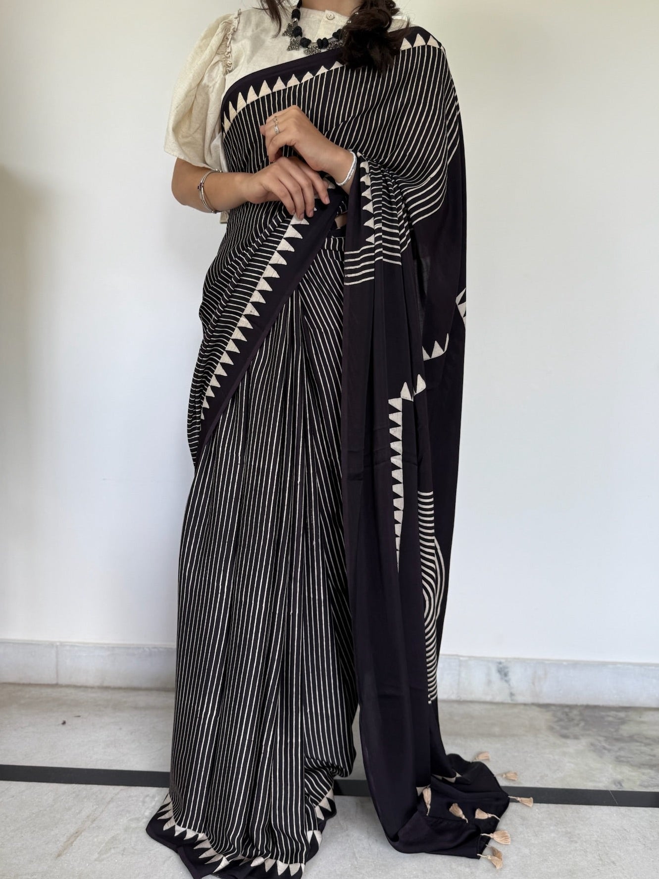 Black Offwhite Geometric Hand Block Ajrakh Modal Silk Saree