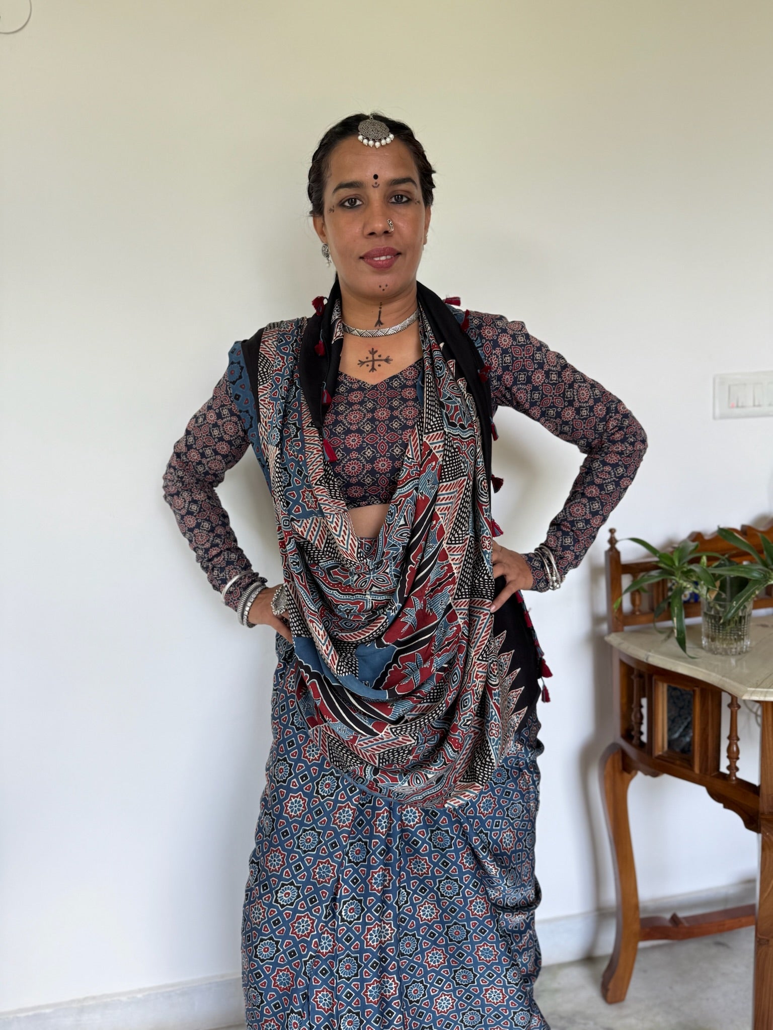 Indigo Rust Hand Block Ajrakh Modal Silk Saree