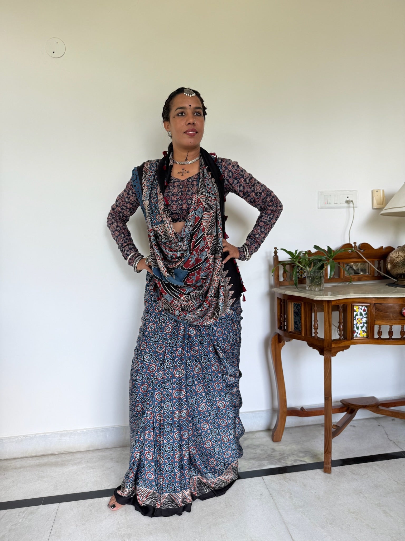 Indigo Rust Hand Block Ajrakh Modal Silk Saree