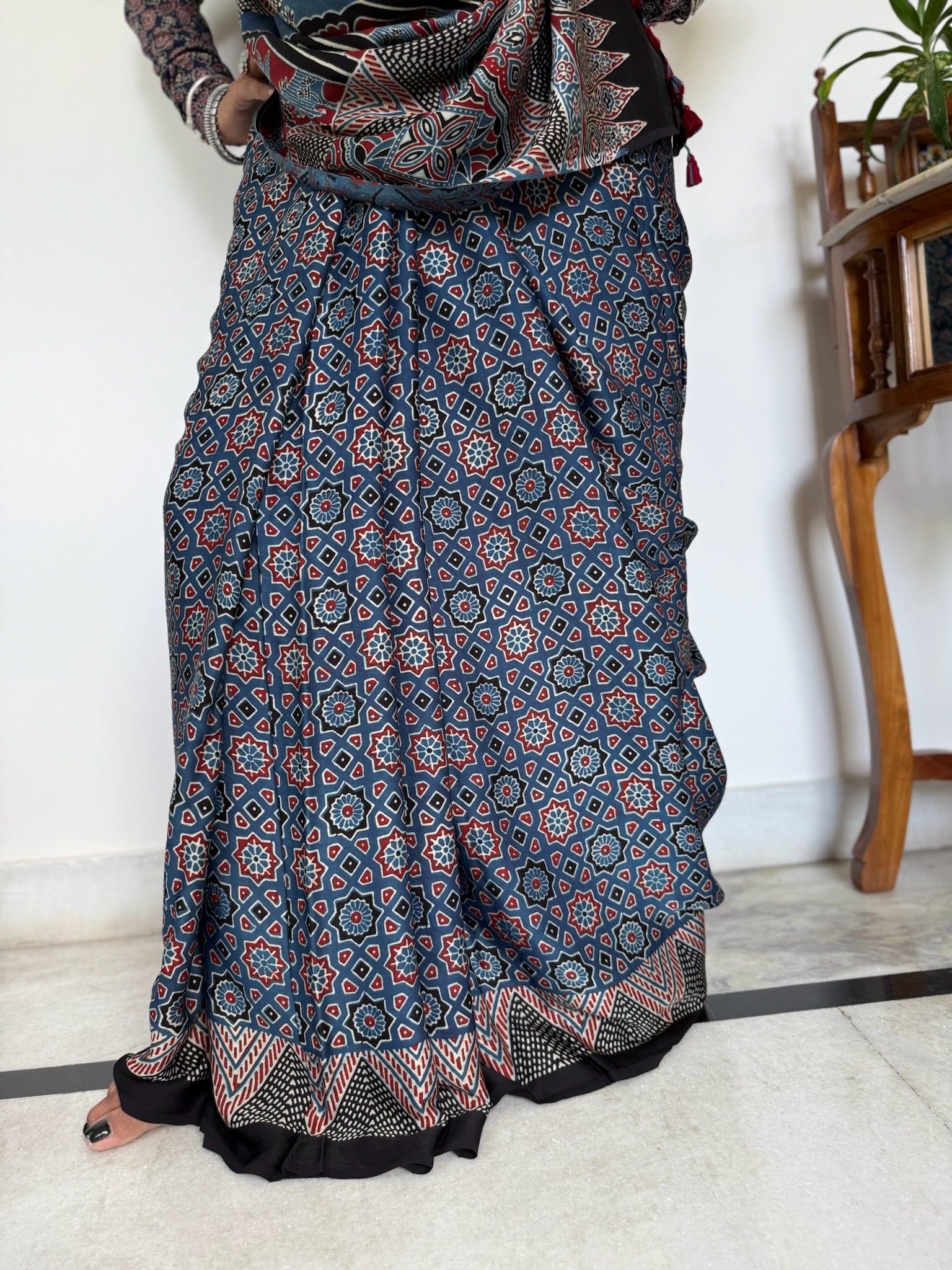 Indigo Rust Hand Block Ajrakh Modal Silk Saree