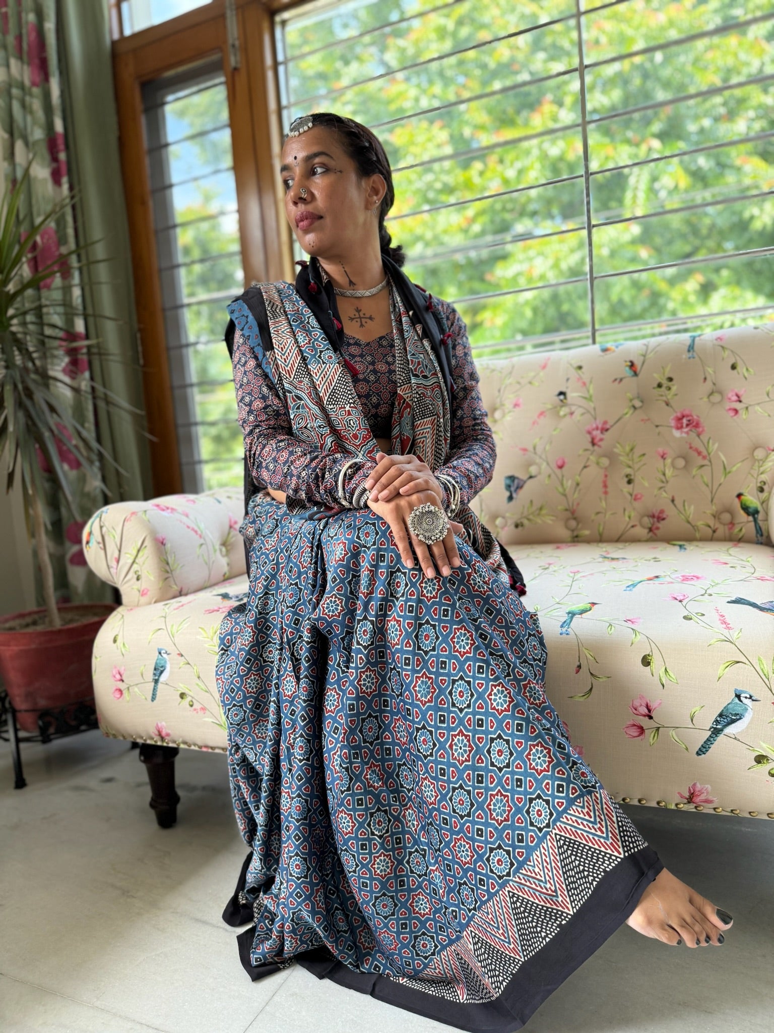 Indigo Rust Hand Block Ajrakh Modal Silk Saree