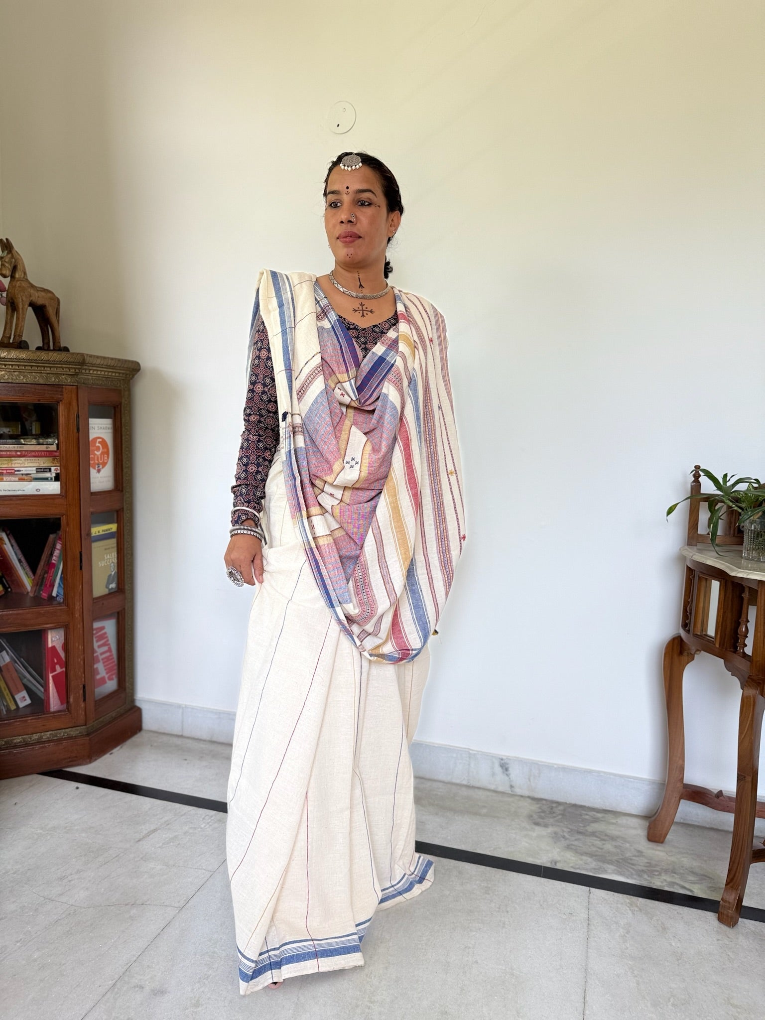 Off-White and Blue Handwoven Bhujodi Saree
