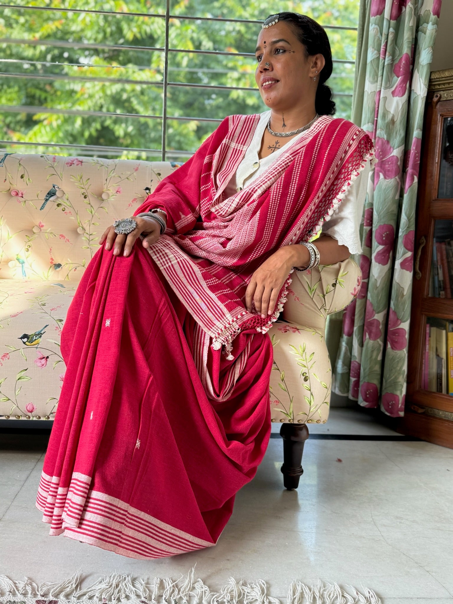 Red and White Striped Bhujodi Saree with Tassel Border