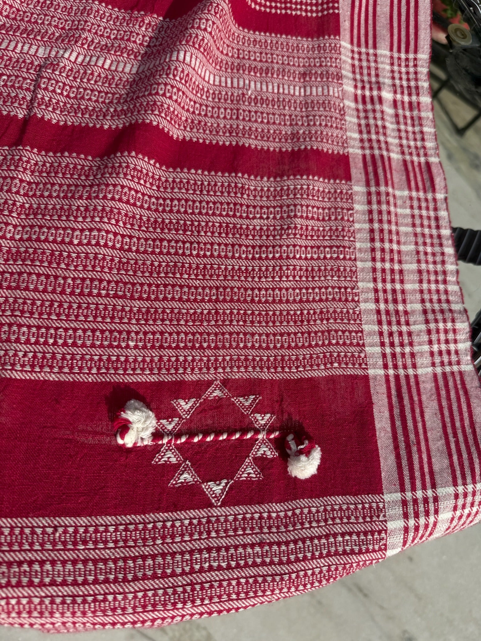 Red and White Striped Bhujodi Saree with Tassel Border