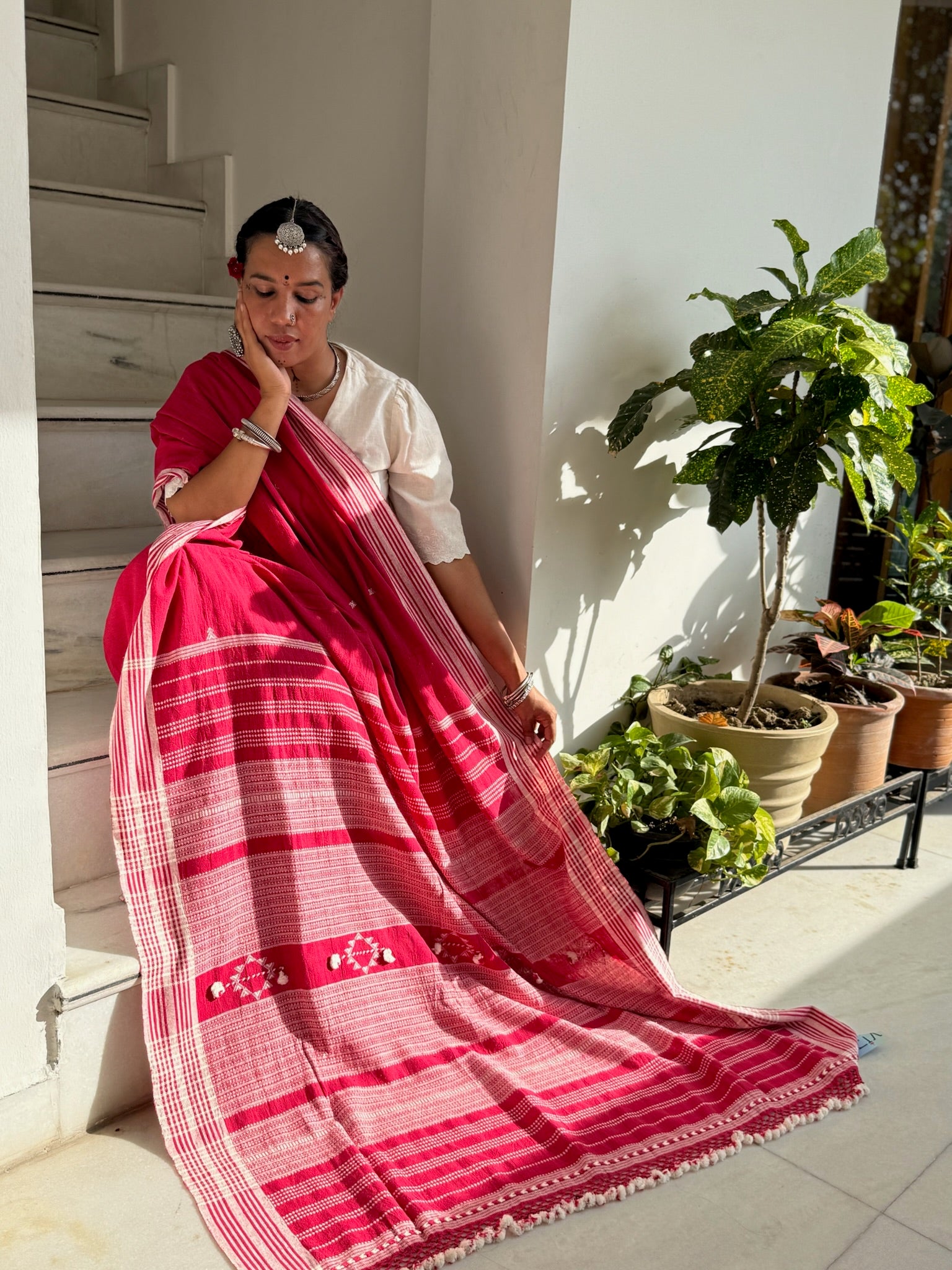 Red and White Striped Bhujodi Saree with Tassel Border