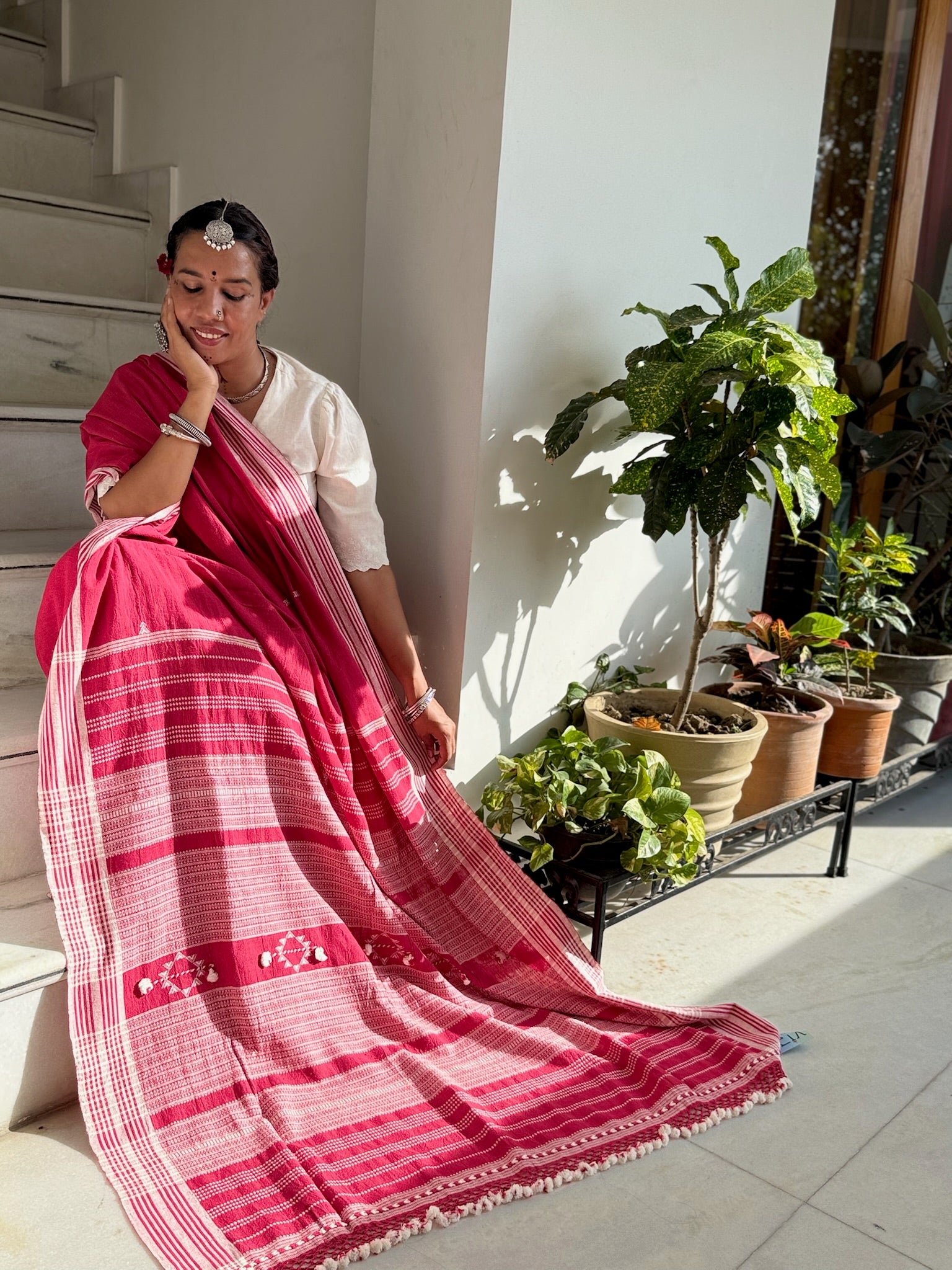 Red and White Striped Bhujodi Saree with Tassel Border