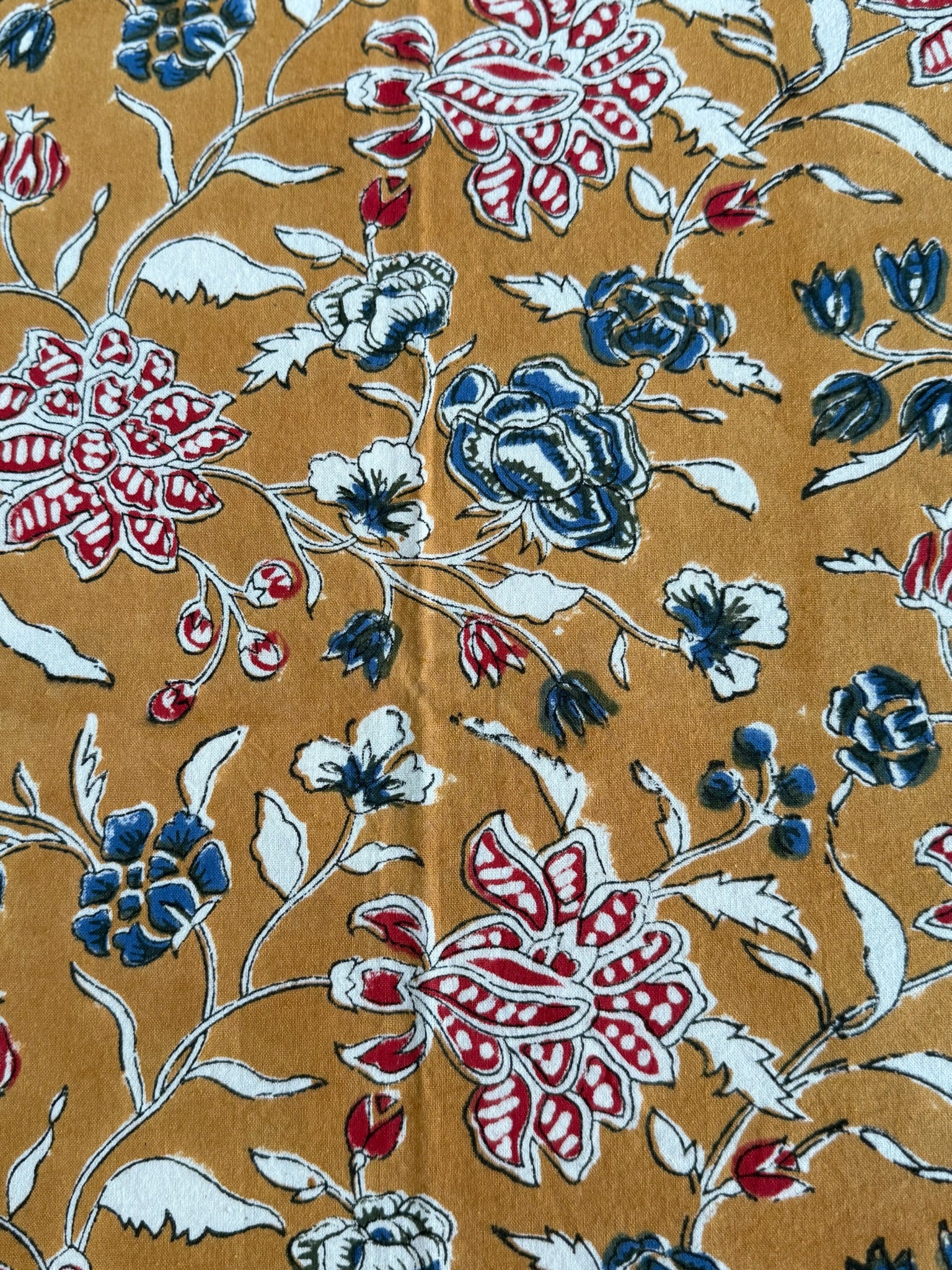 Hand Block Printed Mustard Floral Cotton Bedsheet with Red & Blue Border