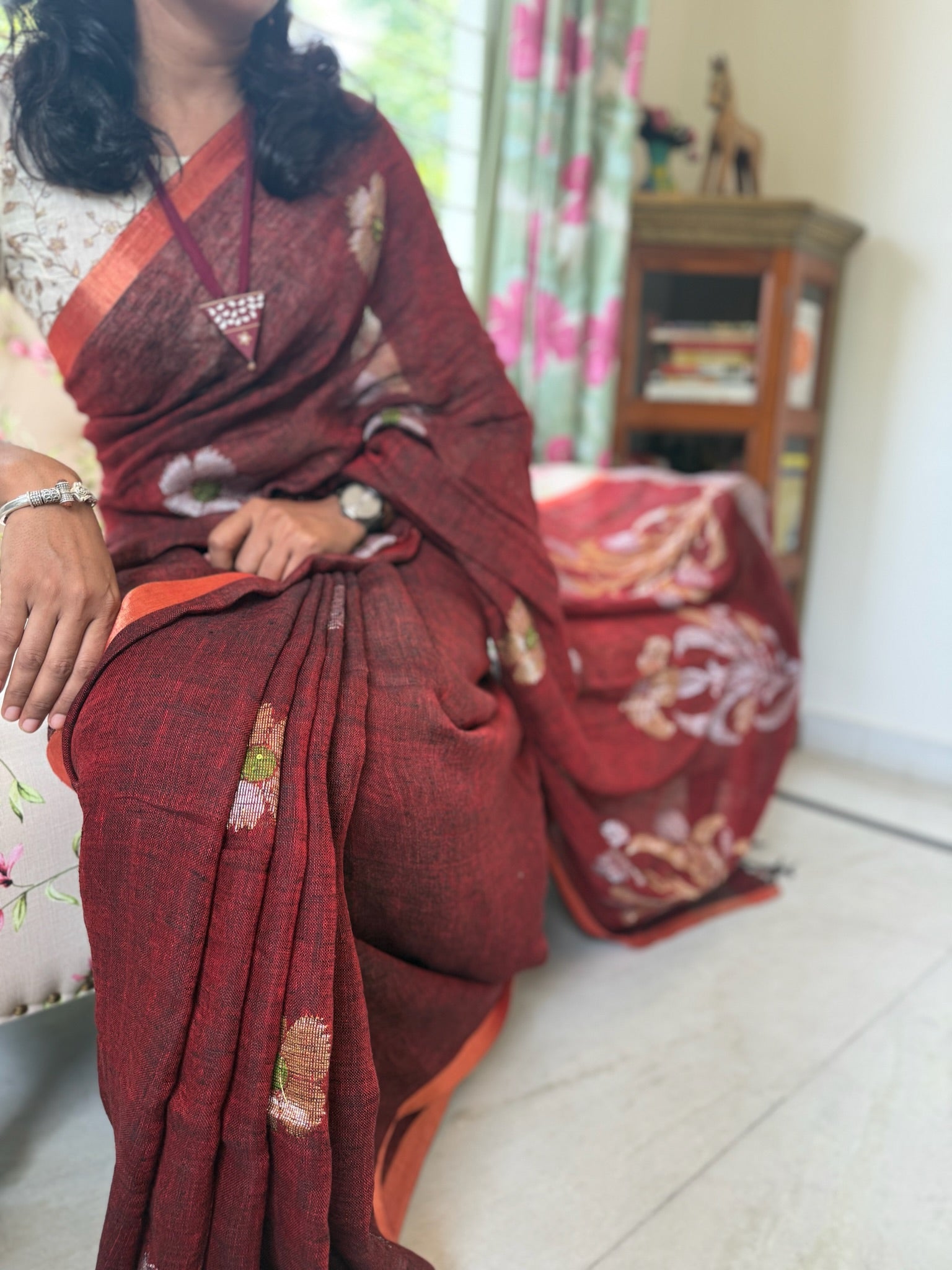 Maroon With Golden Zari Weave Handloom Linen Saree