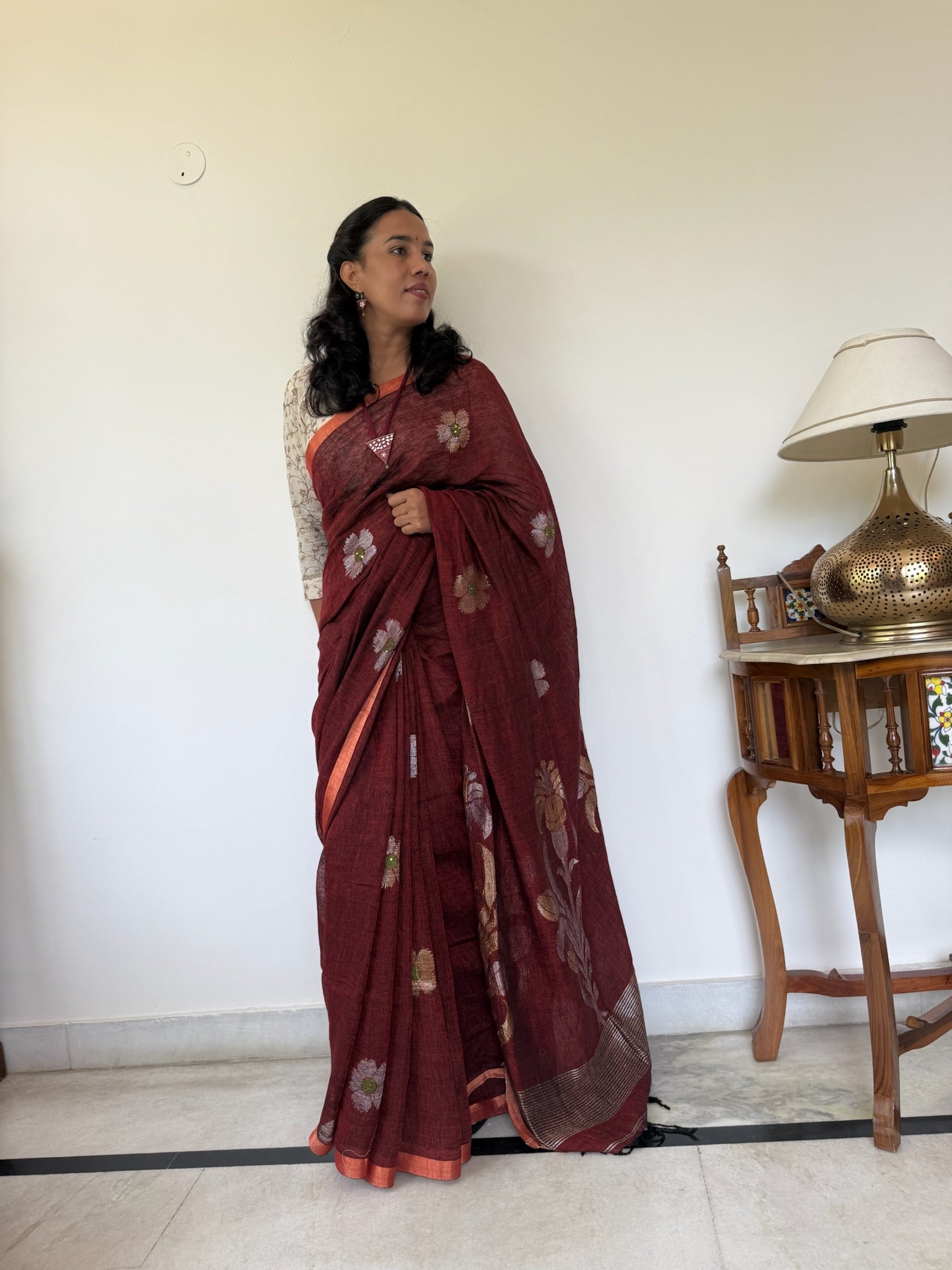 Maroon With Golden Zari Weave Handloom Linen Saree