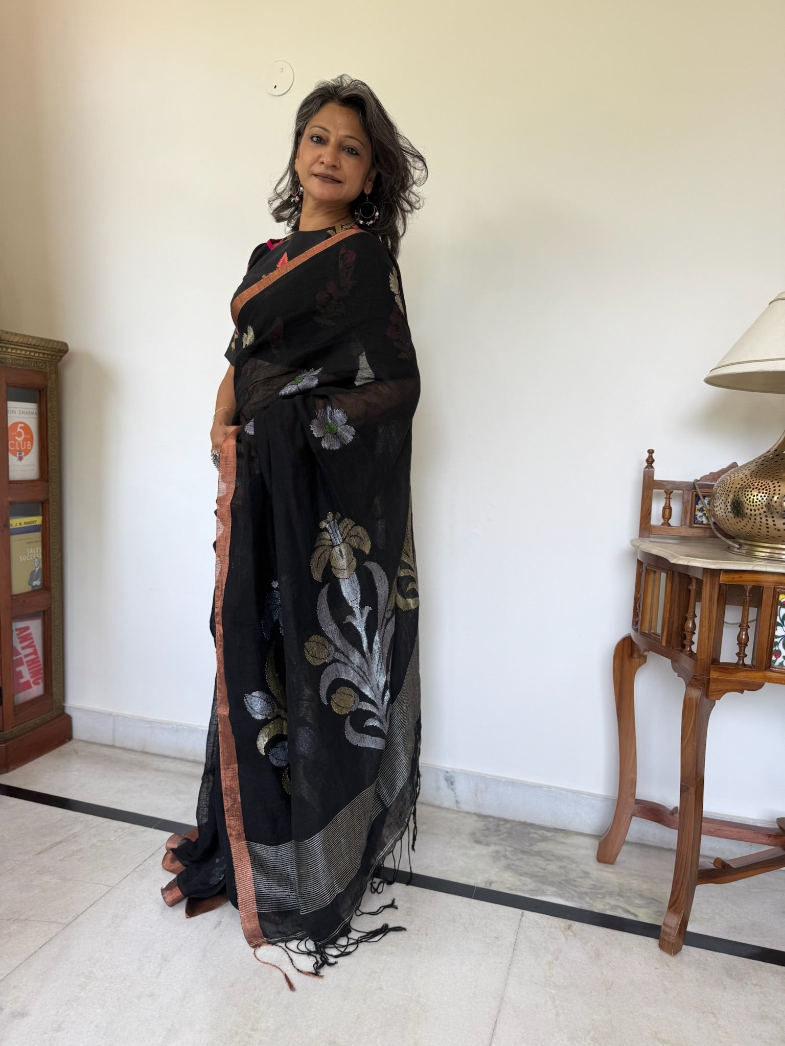 Black With A Copper-Brown Border Linen Saree