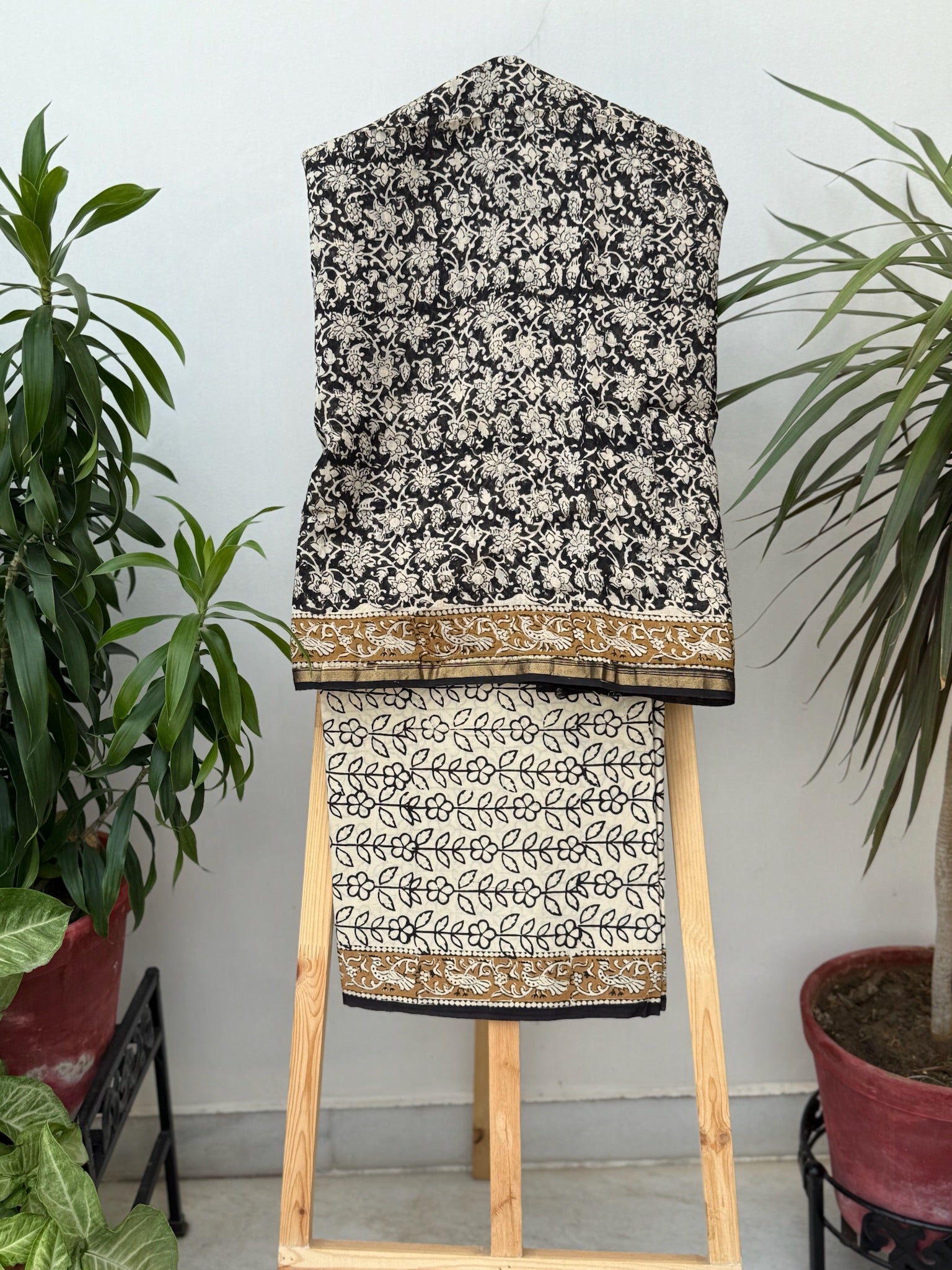 Black and Ivory Hand Block print Chanderi suit set