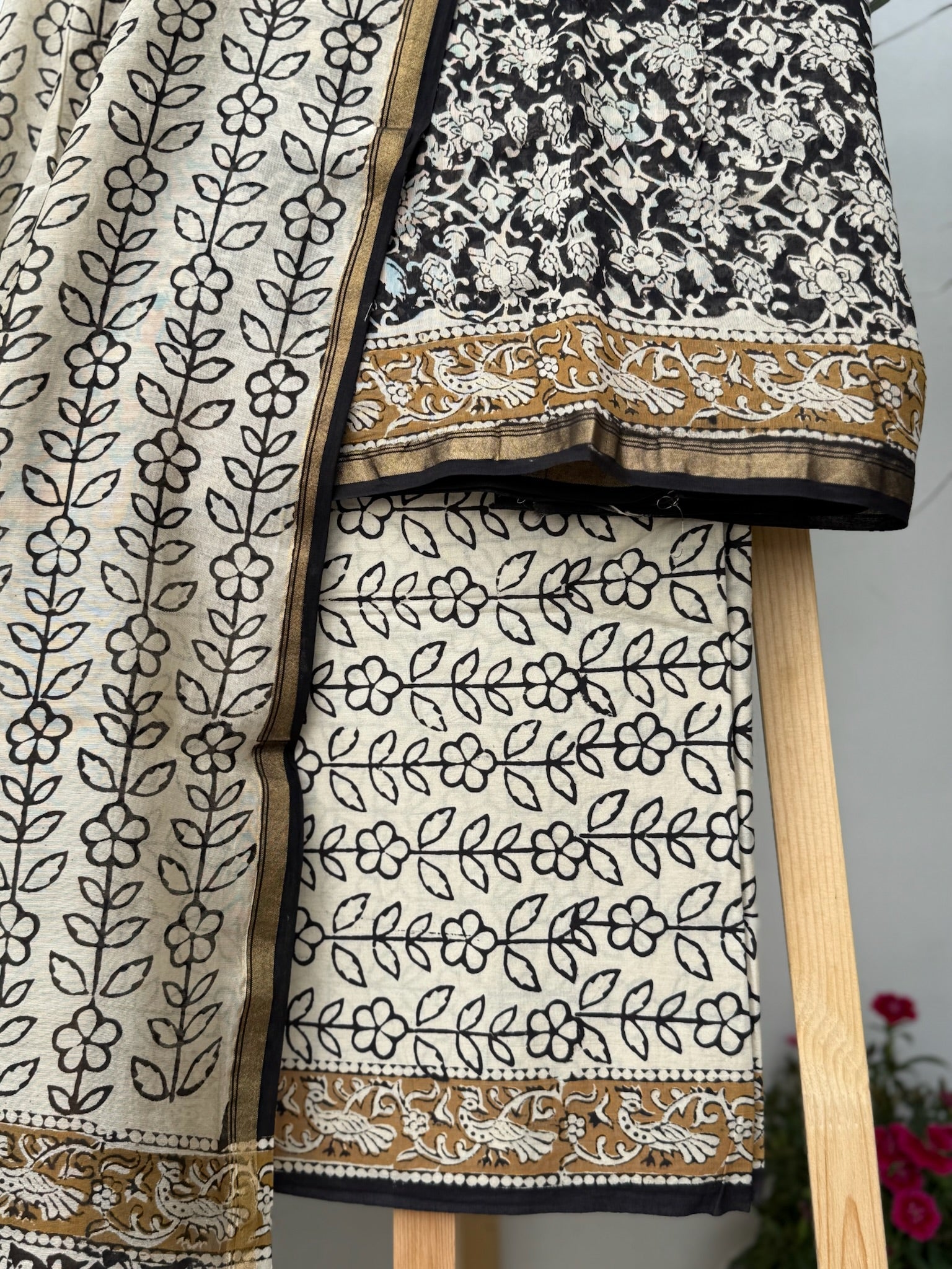 Black and Ivory Hand Block print Chanderi suit set