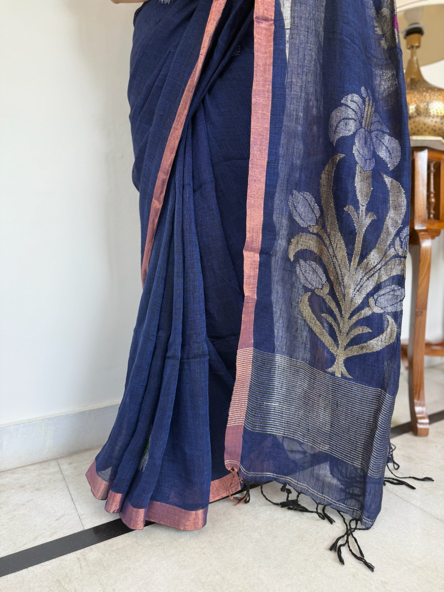 Navy Blue With Silver Zari Weave Handloom Linen Saree