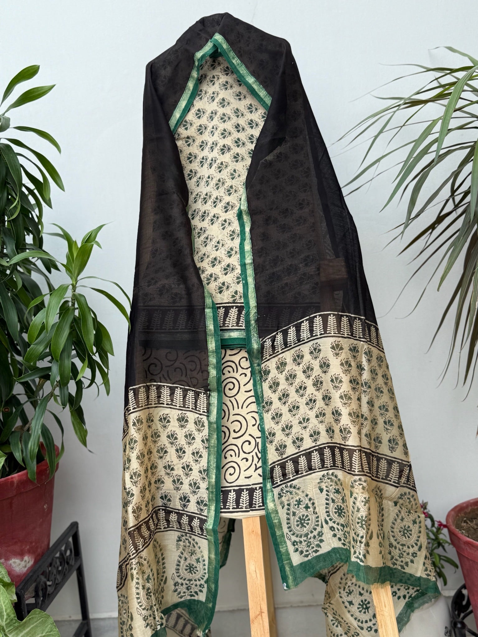 Elegant Handcrafted Black Beige Chanderi suit set