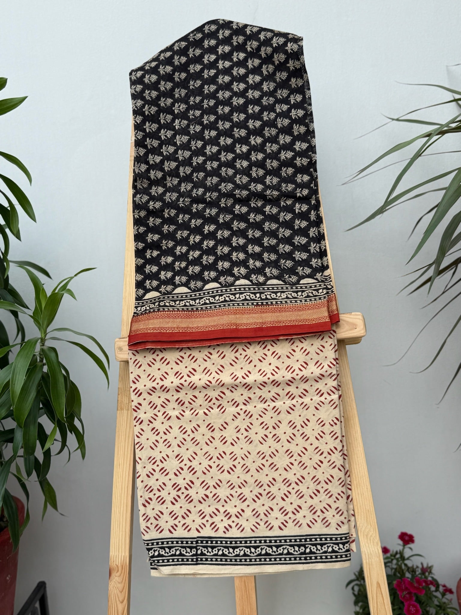 Black and Ivory Hand Block print Chanderi suit set