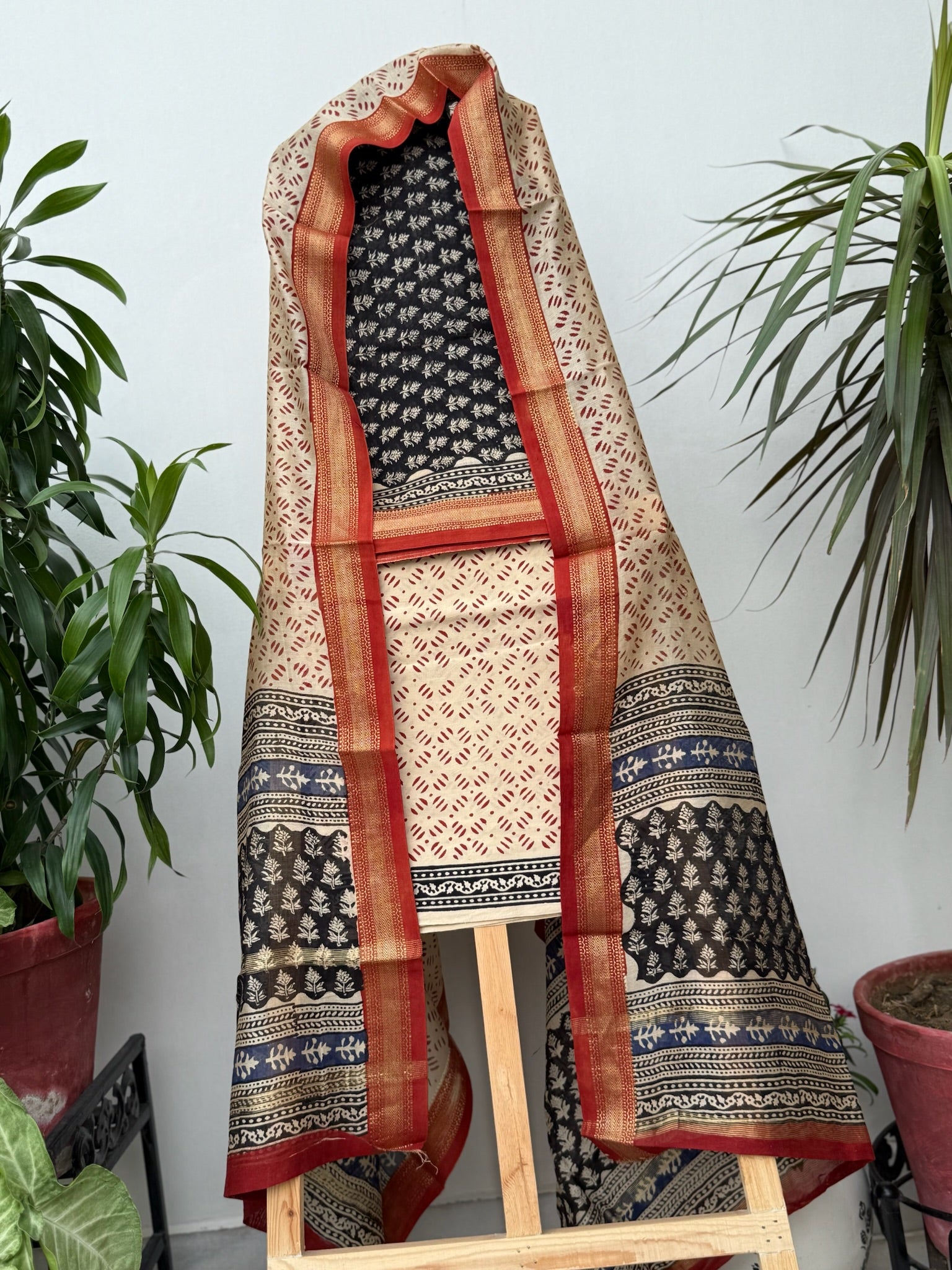 Black and Ivory Hand Block print Chanderi suit set