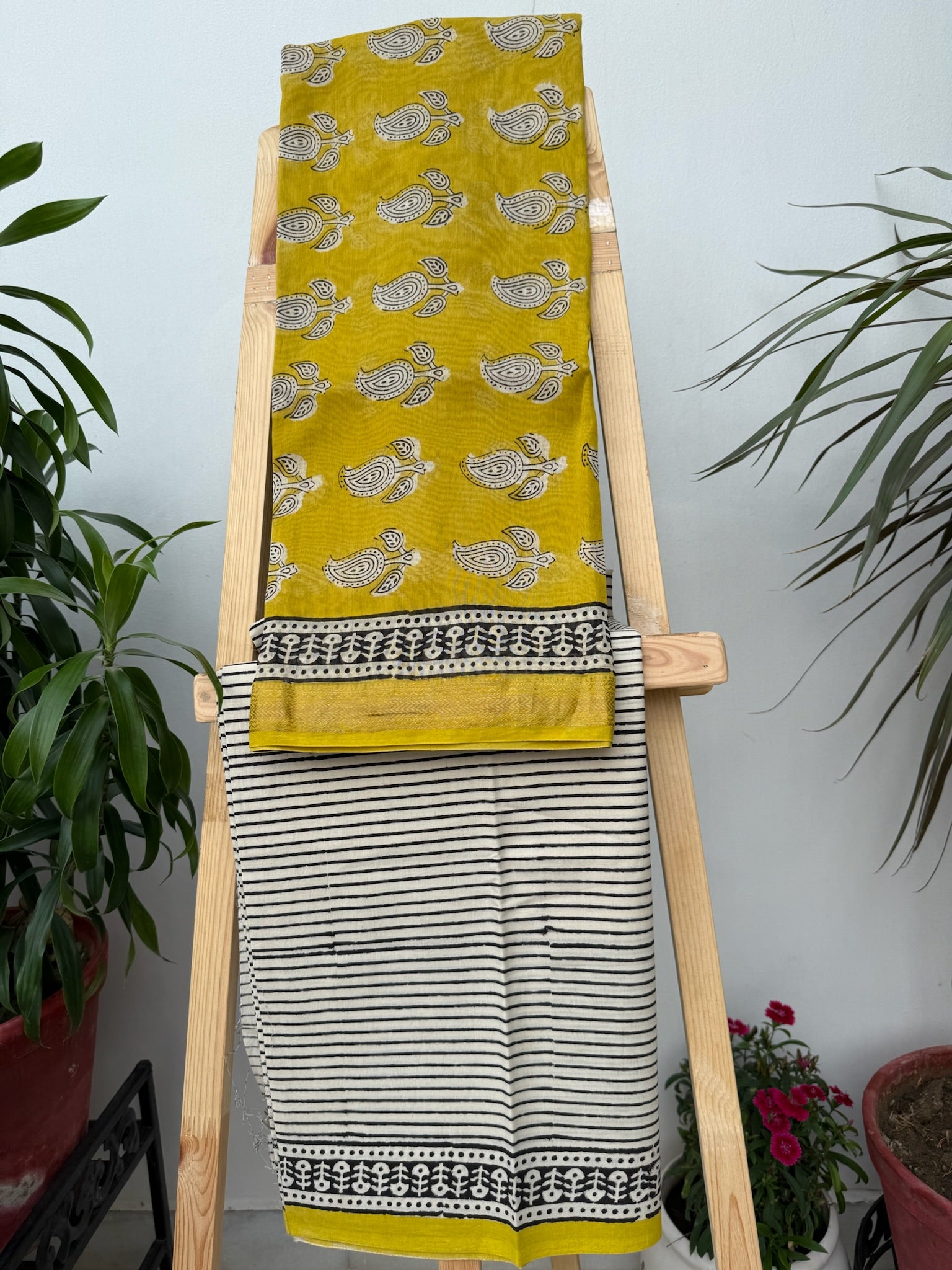 Mustard Yellow and Ivory Handblock Maheshwari Silk Suit Set with Paisley and Chevron Patterns