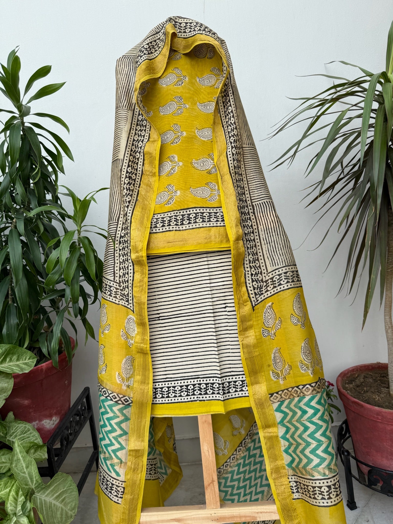 Mustard Yellow and Ivory Handblock Maheshwari Silk Suit Set with Paisley and Chevron Patterns