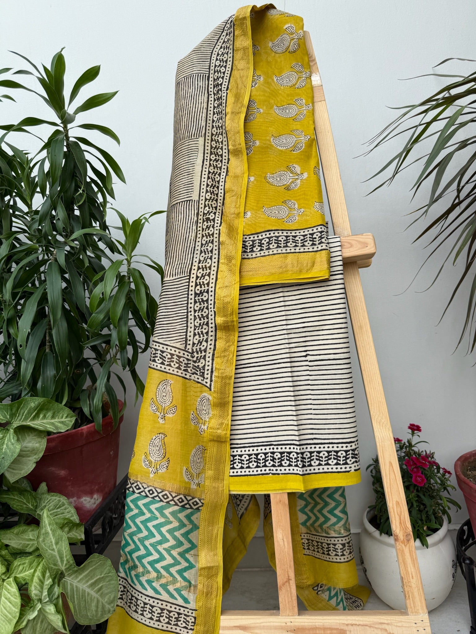 Mustard Yellow and Ivory Handblock Maheshwari Silk Suit Set with Paisley and Chevron Patterns