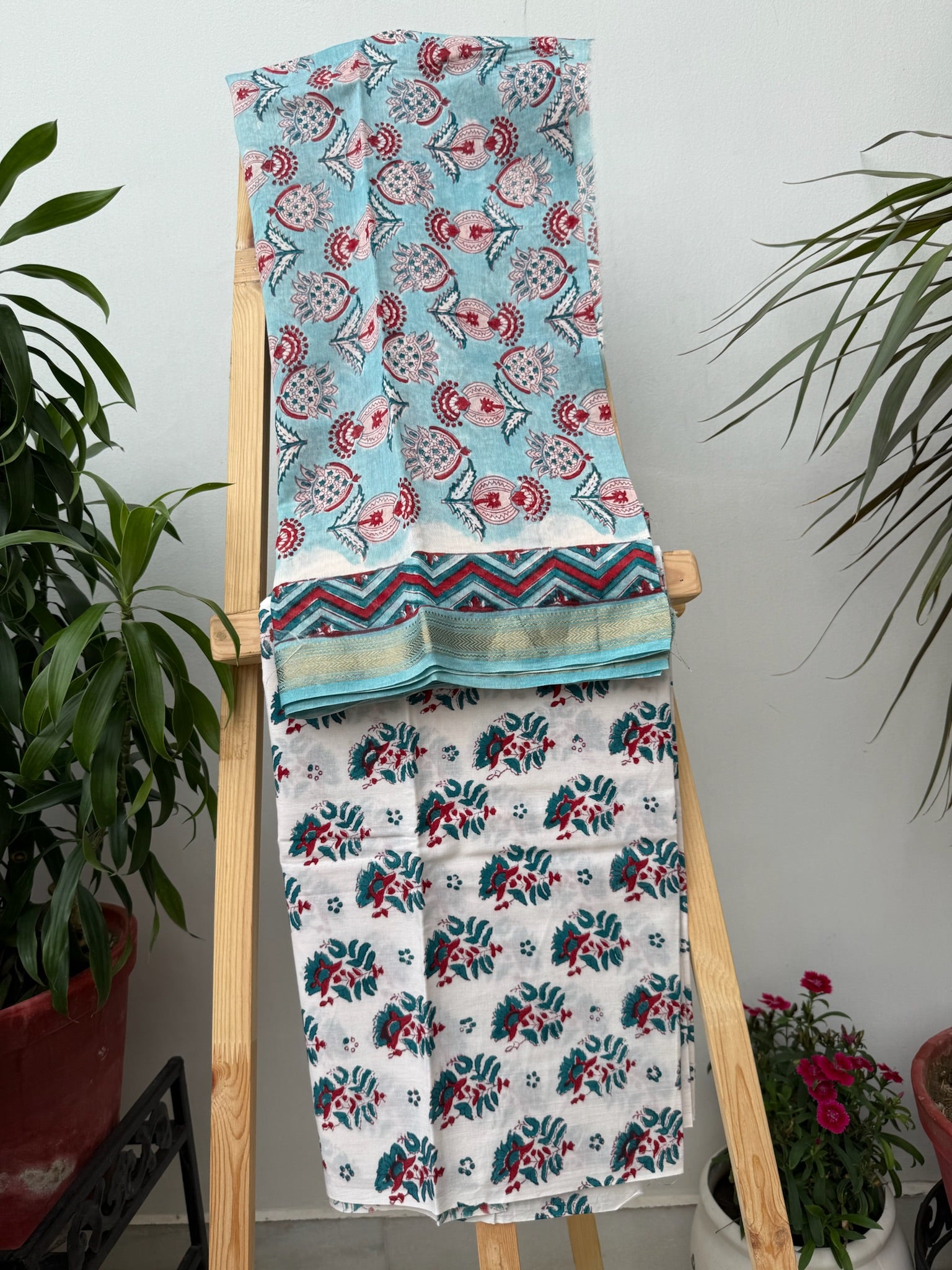 Sky Blue and White Handblock Maheshwari cotton silk Suit Set with Red Floral Prints