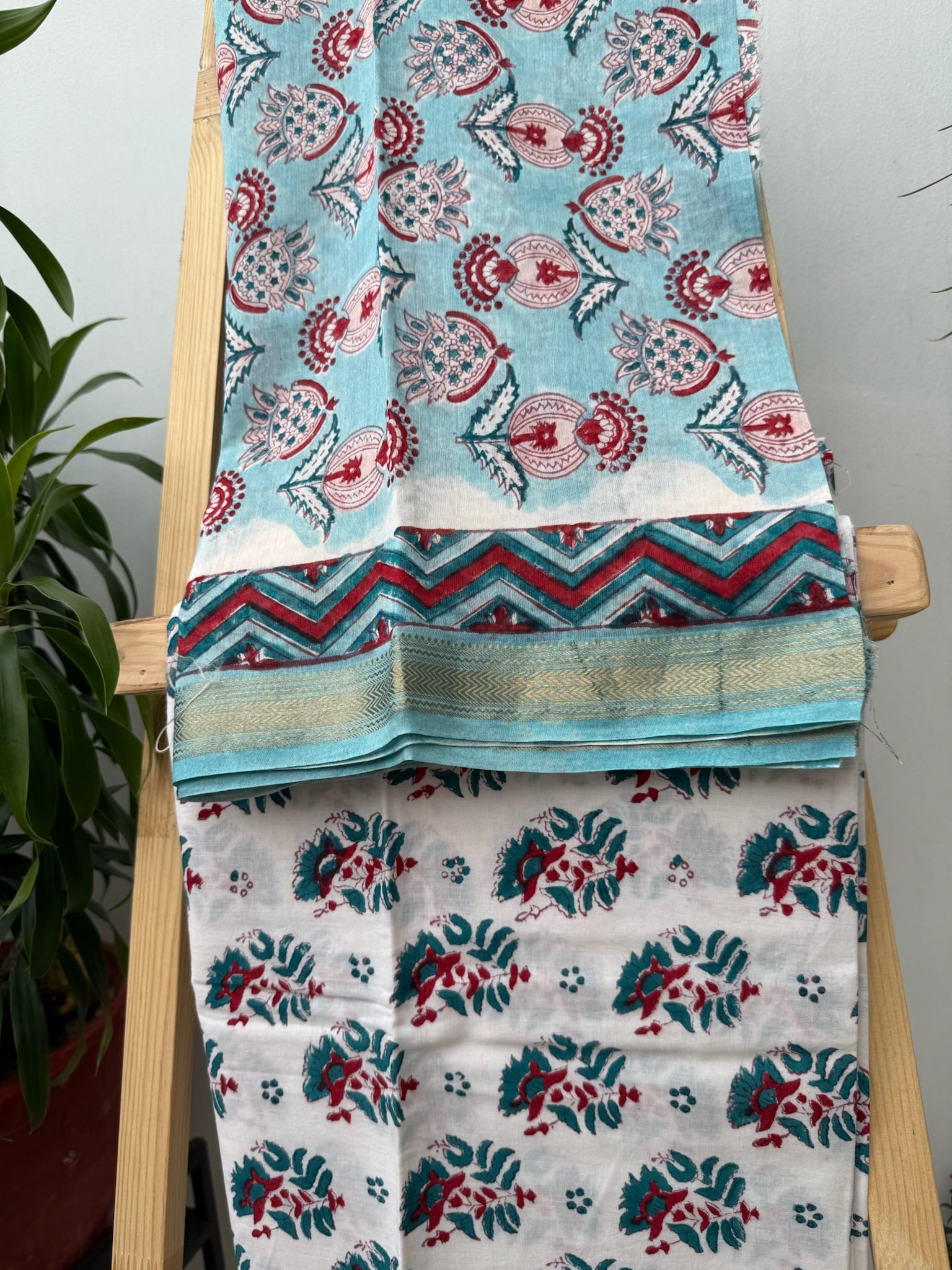 Sky Blue and White Handblock Maheshwari cotton silk Suit Set with Red Floral Prints