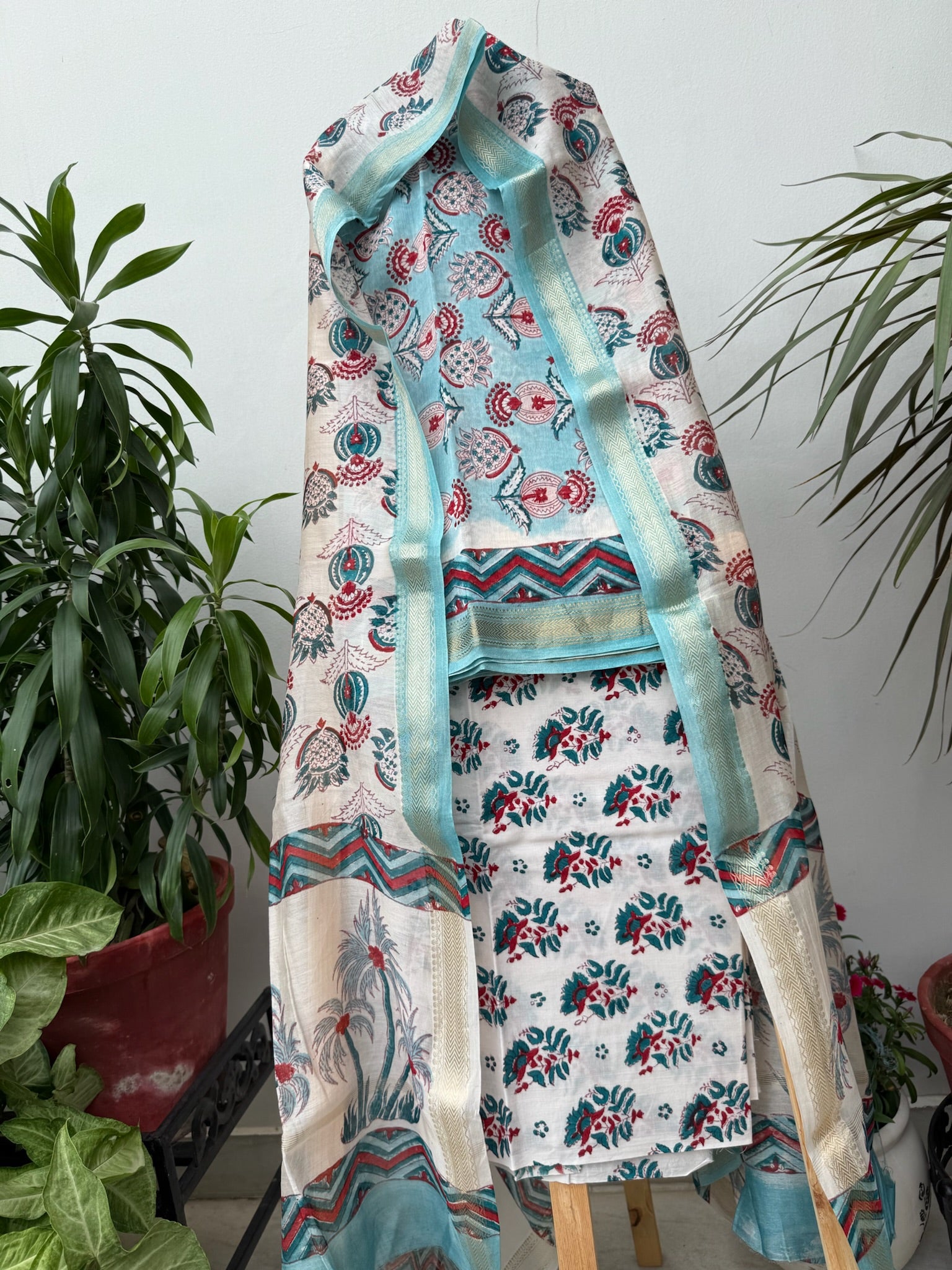 Sky Blue and White Handblock Maheshwari cotton silk Suit Set with Red Floral Prints