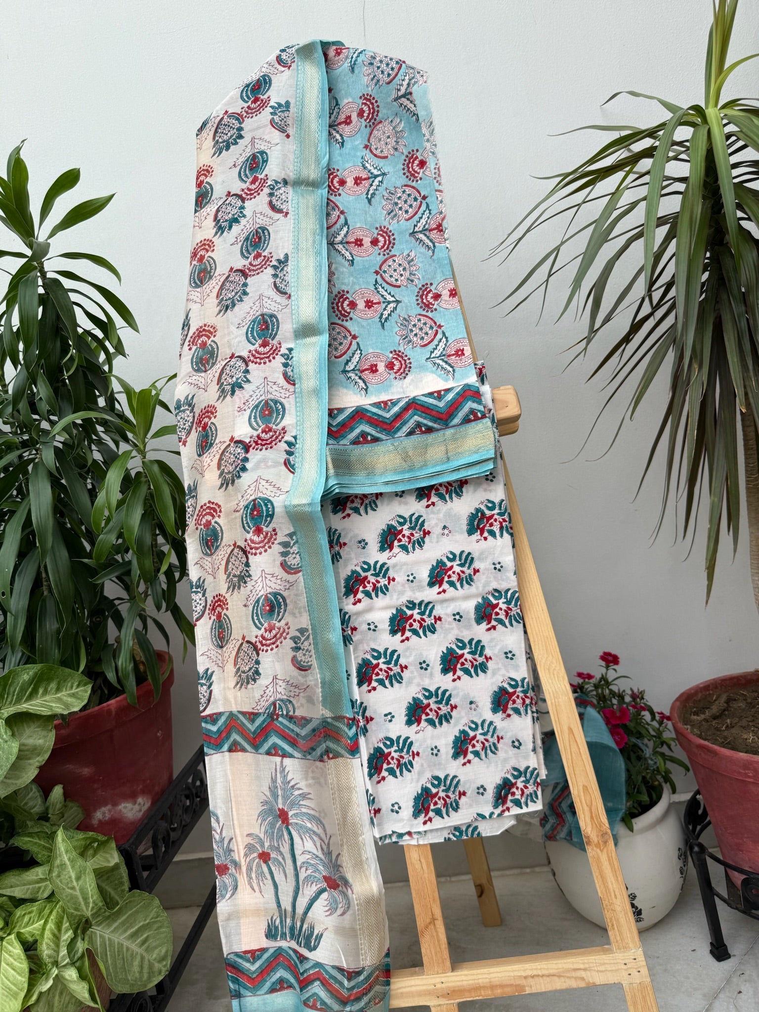 Sky Blue and White Handblock Maheshwari cotton silk Suit Set with Red Floral Prints