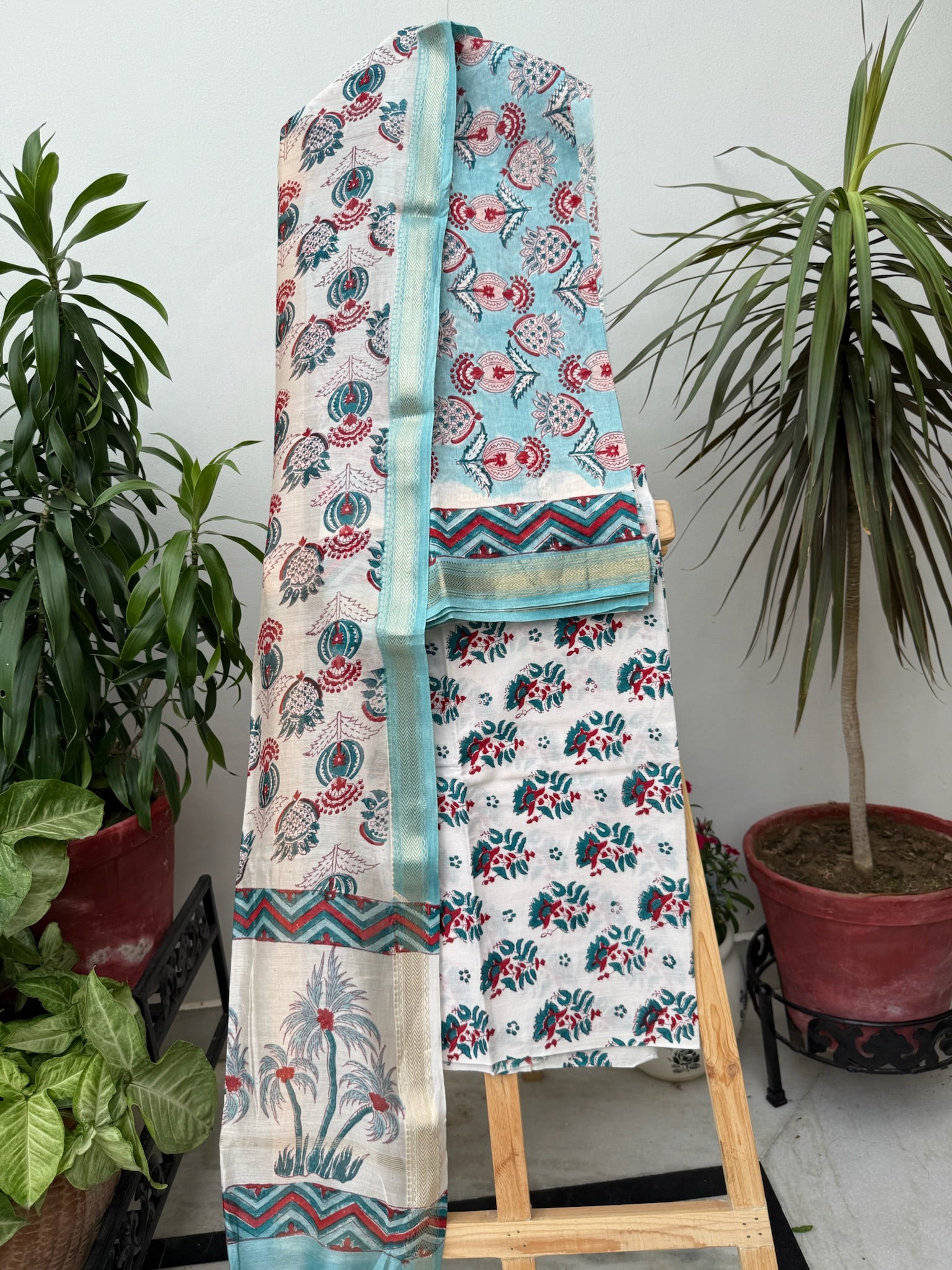 Sky Blue and White Handblock Maheshwari cotton silk Suit Set with Red Floral Prints