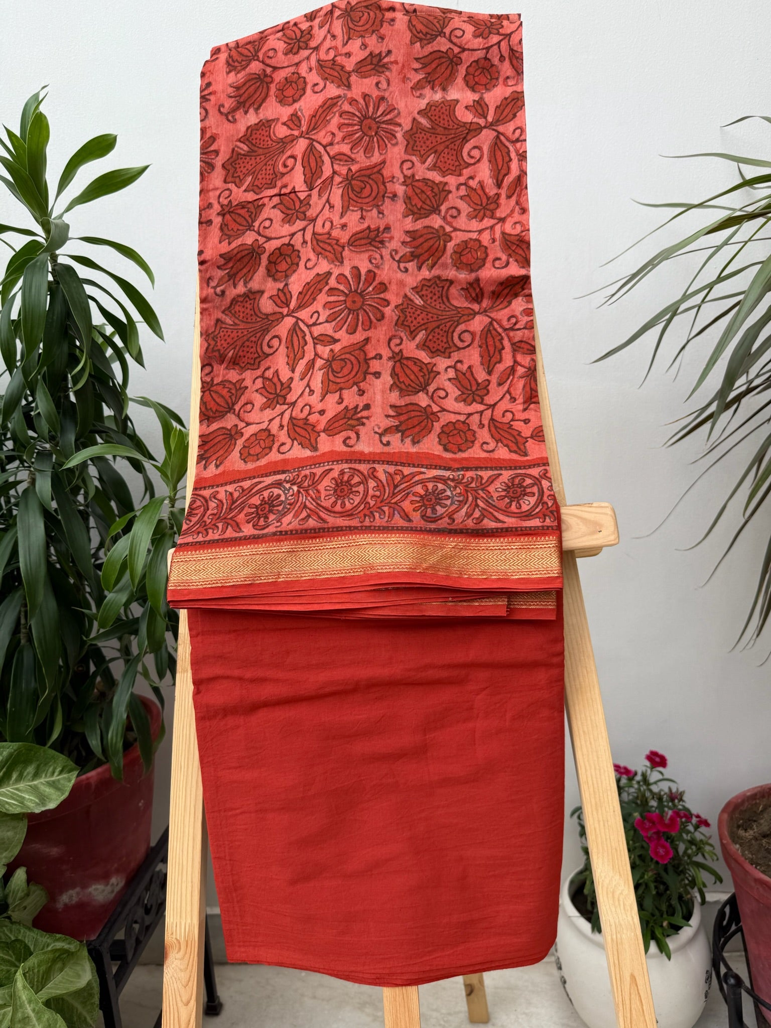 Rust Red Hand block Maheshwari cotton Silk Suit Set with Bold Floral and Geometric Prints