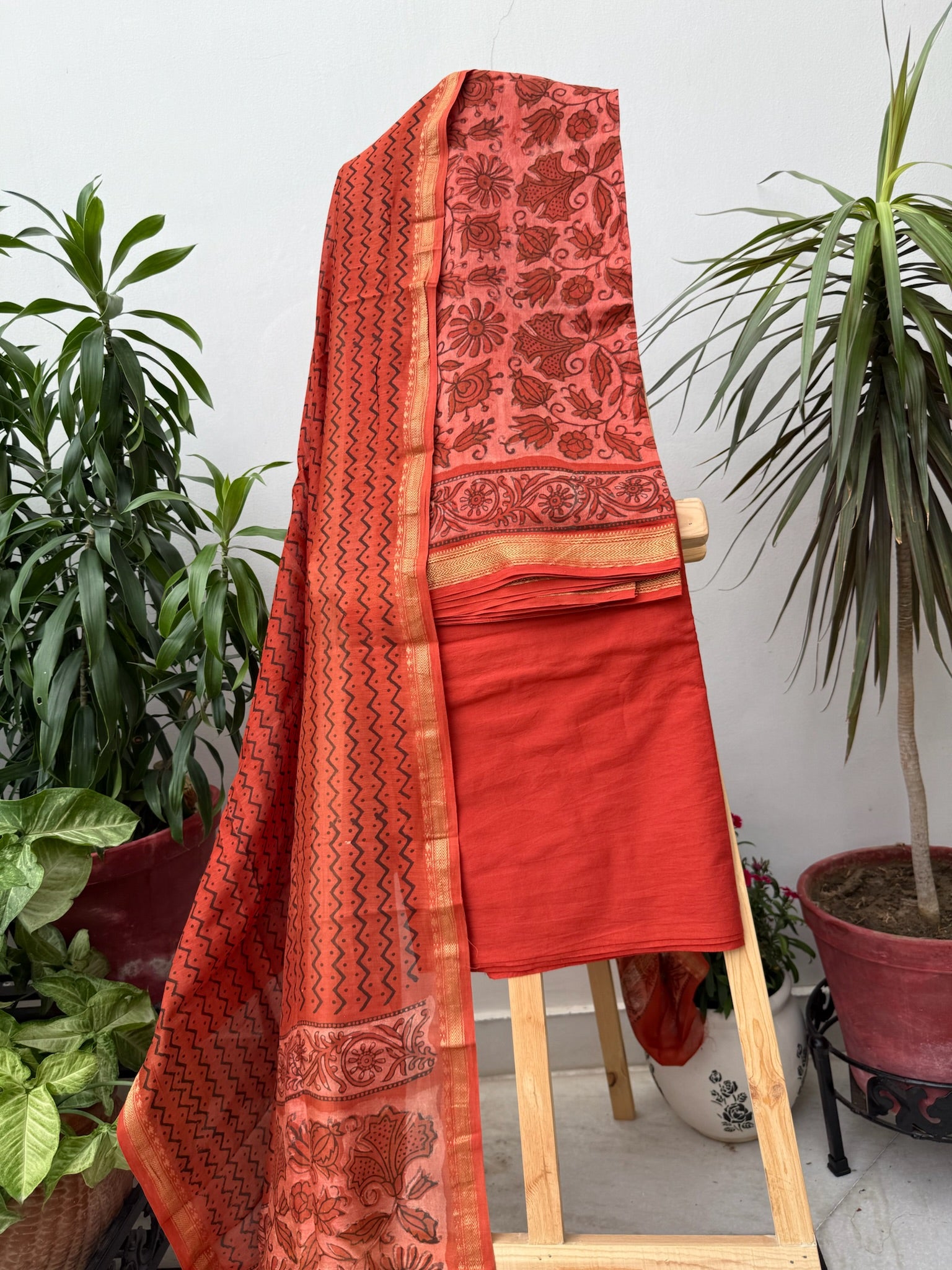 Rust Red Hand block Maheshwari cotton Silk Suit Set with Bold Floral and Geometric Prints