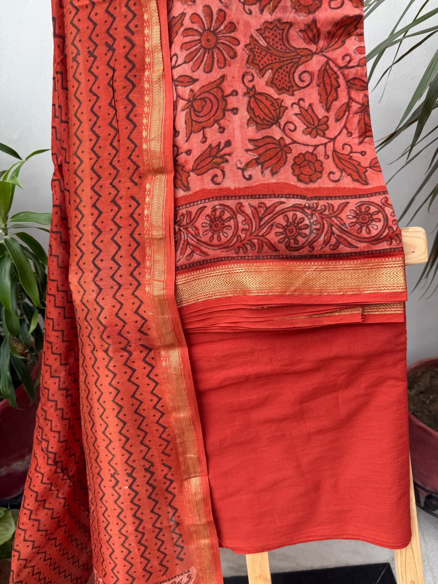 Rust Red Hand block Maheshwari cotton Silk Suit Set with Bold Floral and Geometric Prints