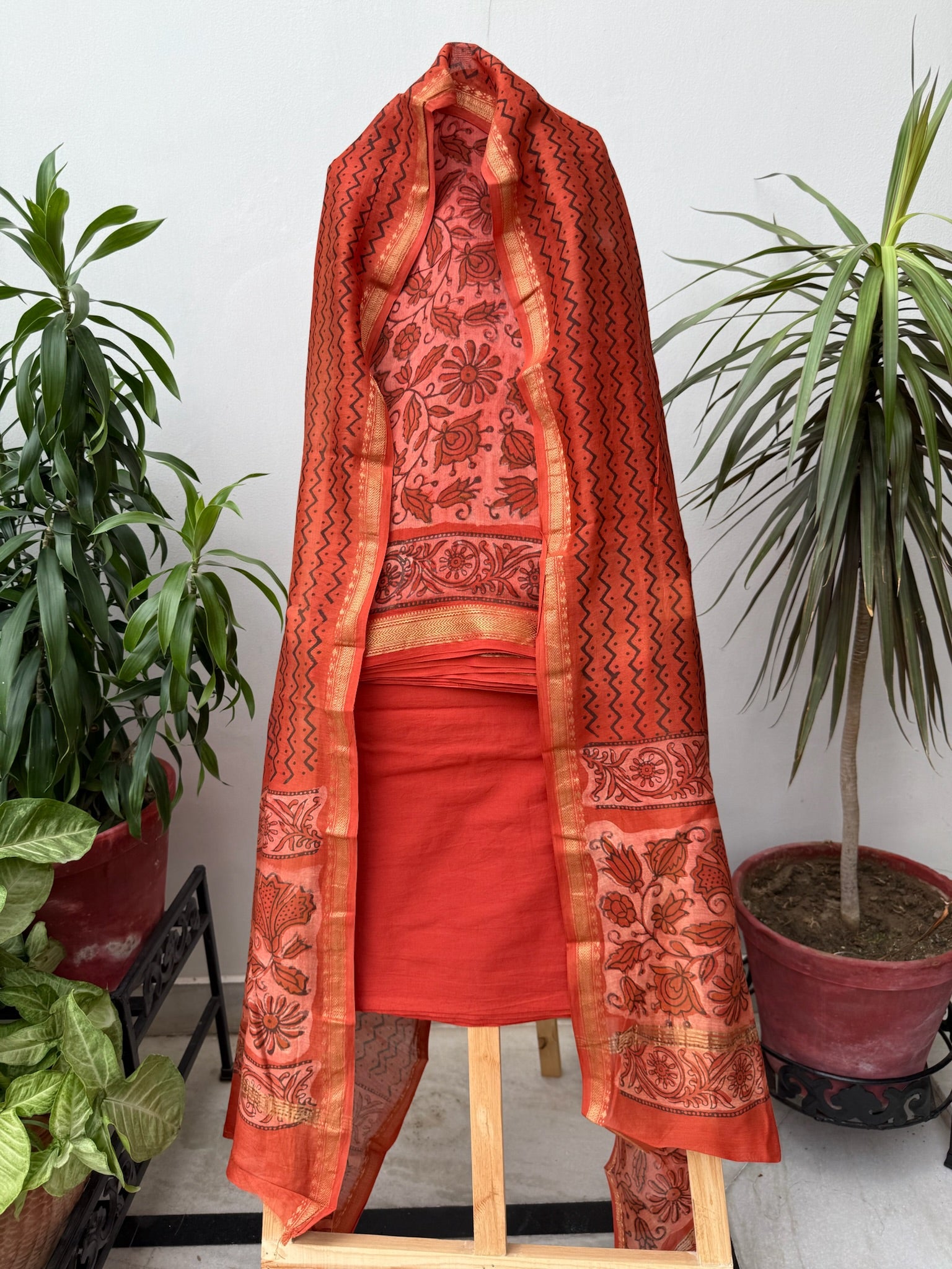 Rust Red Hand block Maheshwari cotton Silk Suit Set with Bold Floral and Geometric Prints