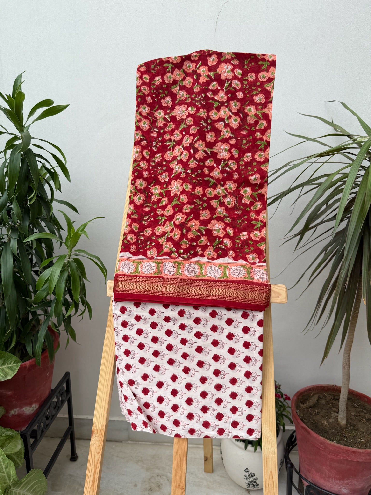 Crimson Red and Cream Handblock Maheshwari cotton Silk Suit Set with Floral prints