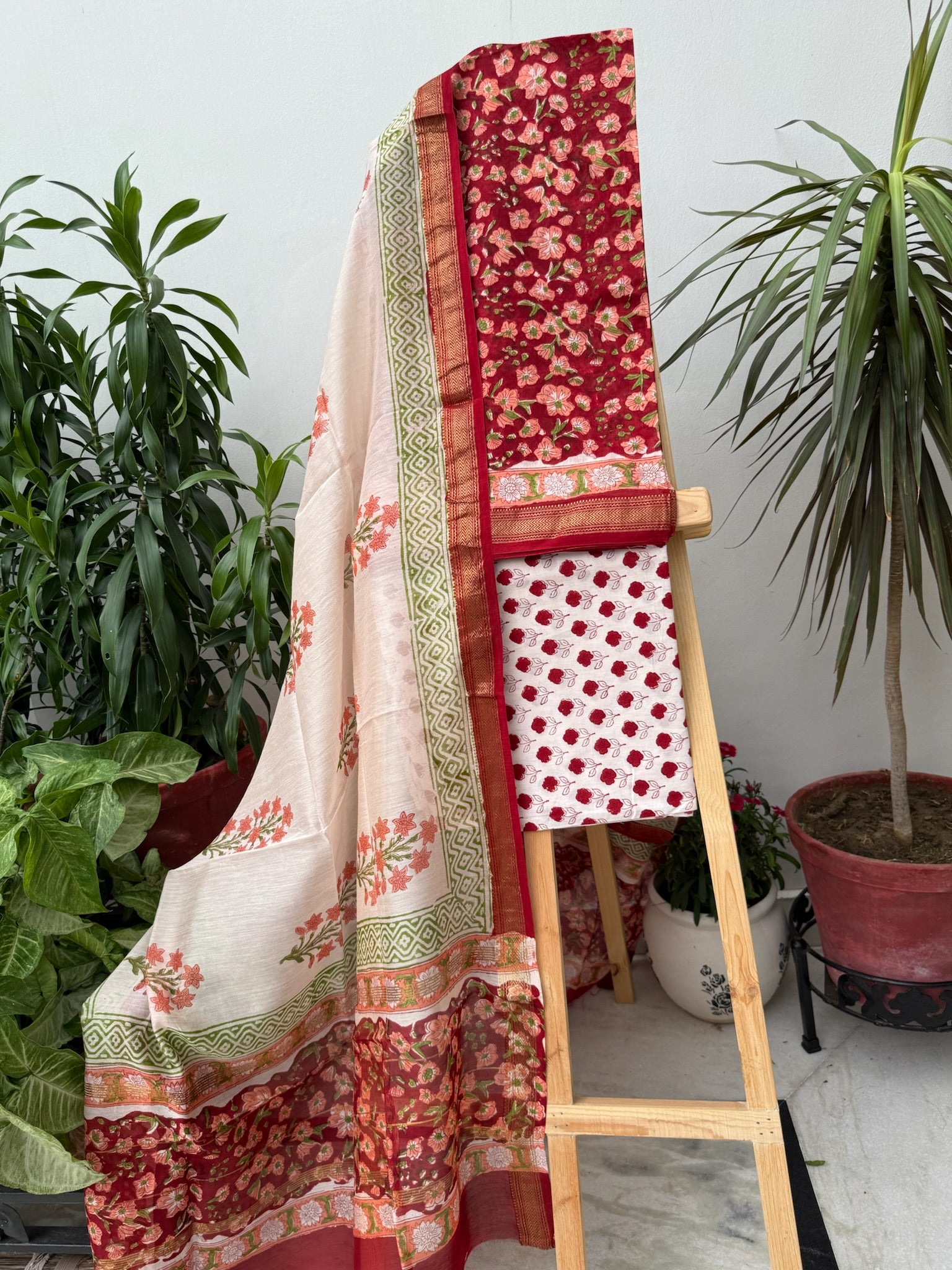 Crimson Red and Cream Handblock Maheshwari cotton Silk Suit Set with Floral prints