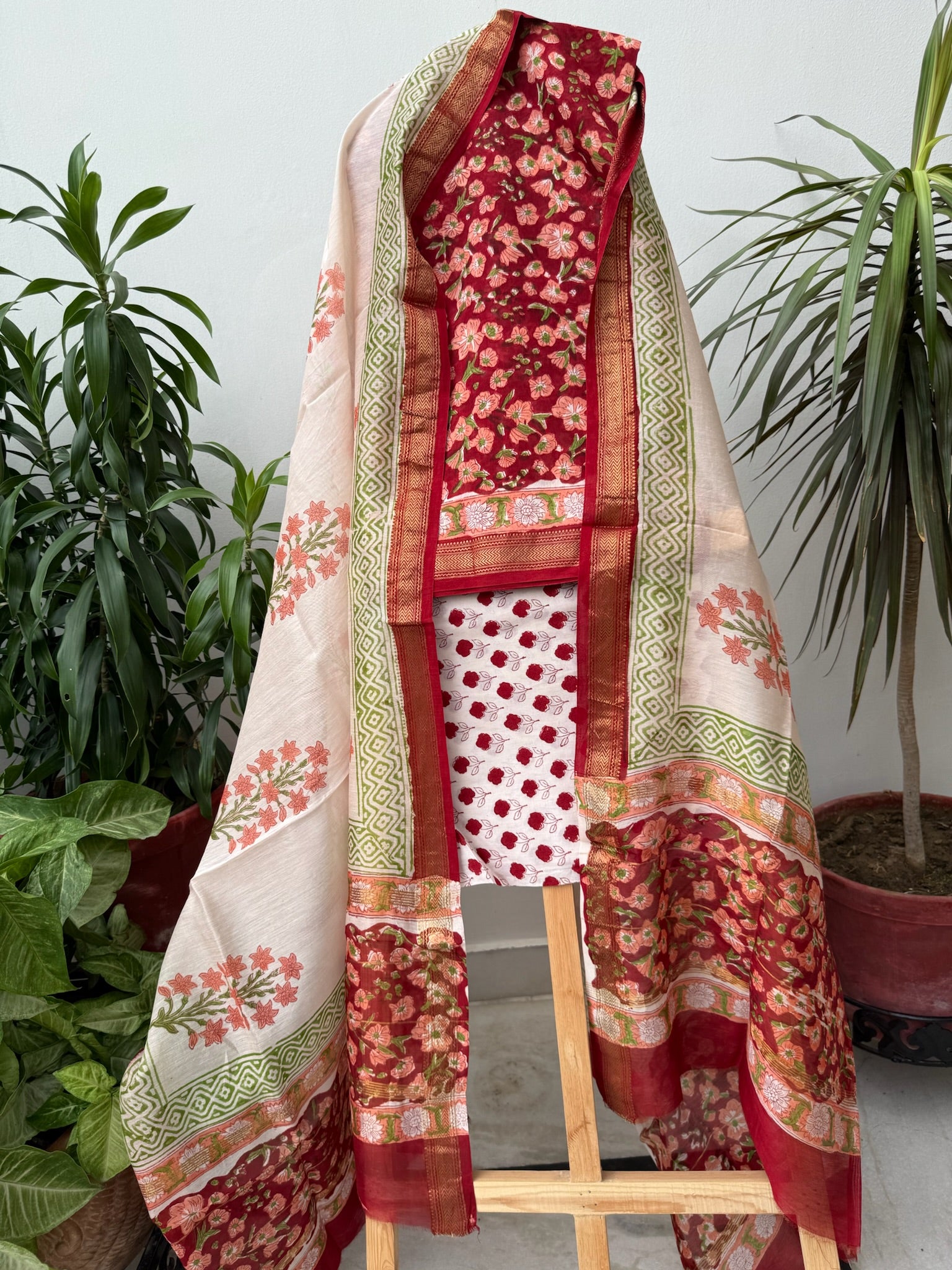 Crimson Red and Cream Handblock Maheshwari cotton Silk Suit Set with Floral prints
