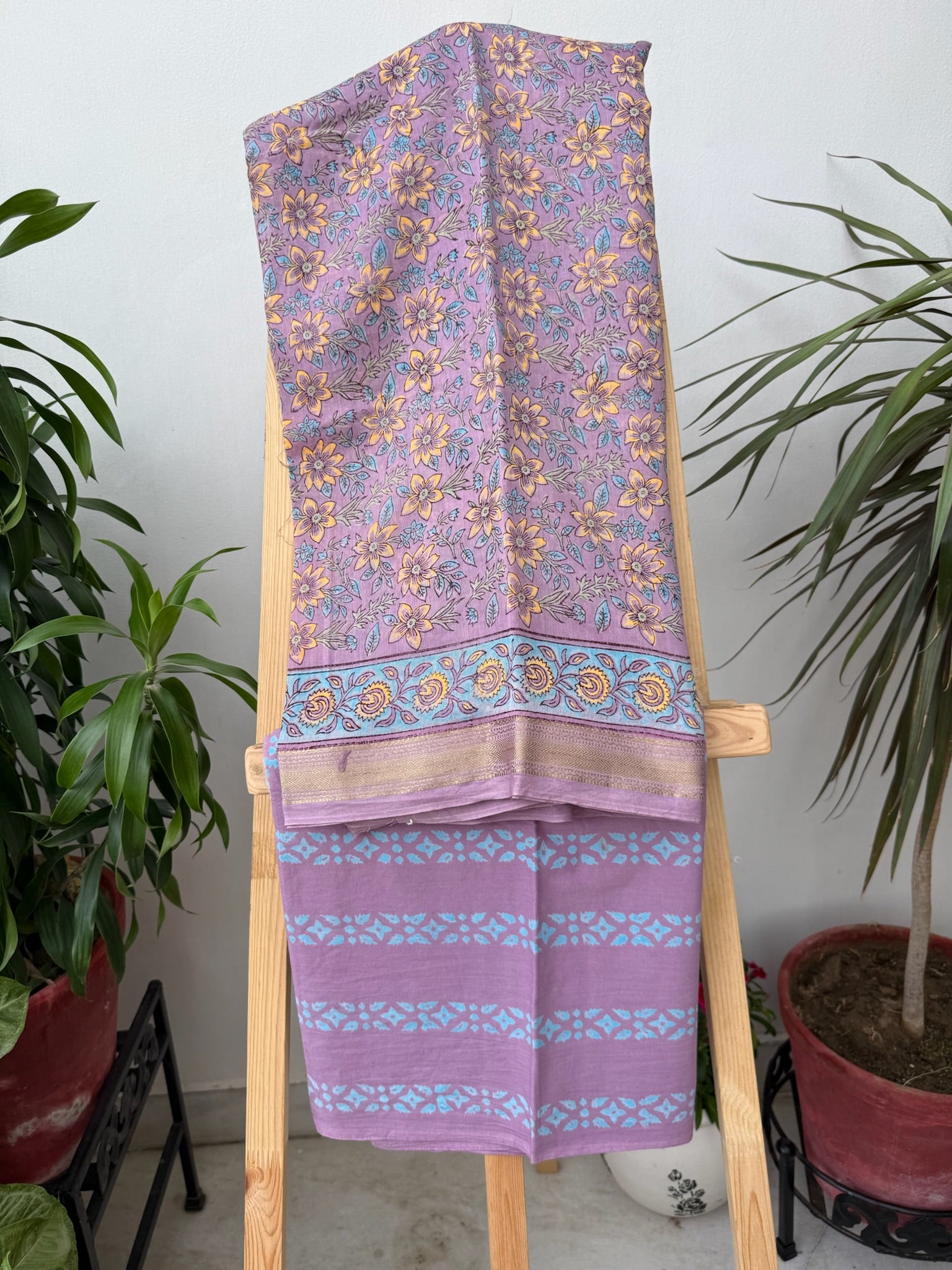 Lavender Maheshwari Cotton Silk Suit Set with Yellow blue Floral Prints