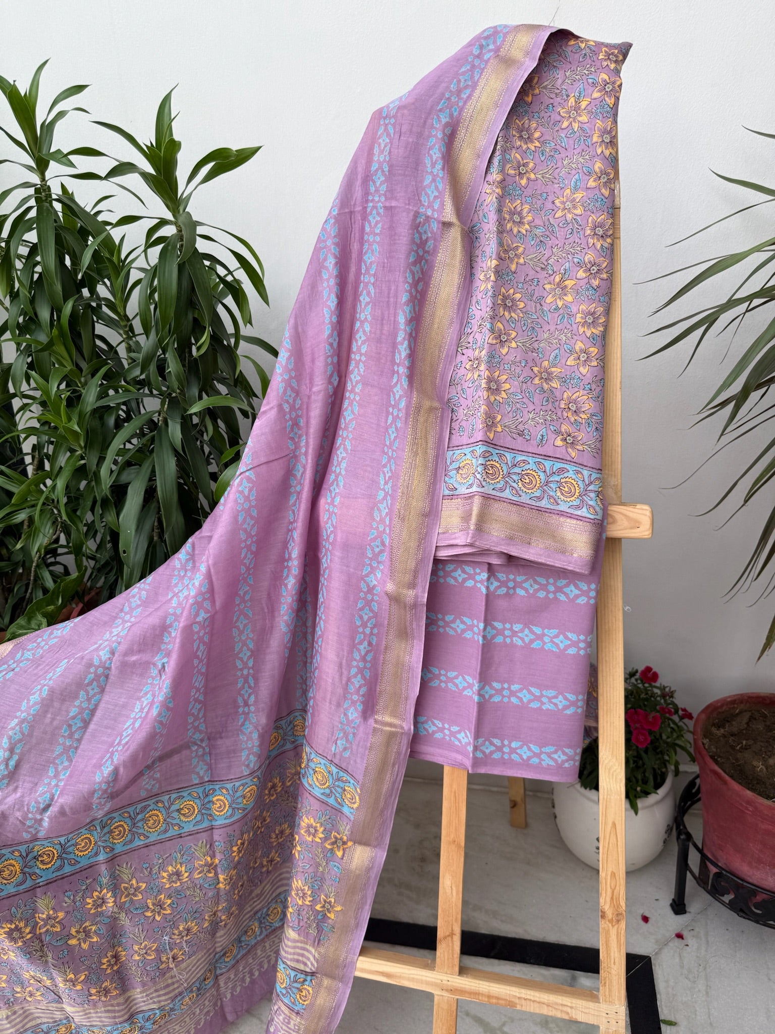 Lavender Maheshwari Cotton Silk Suit Set with Yellow blue Floral Prints