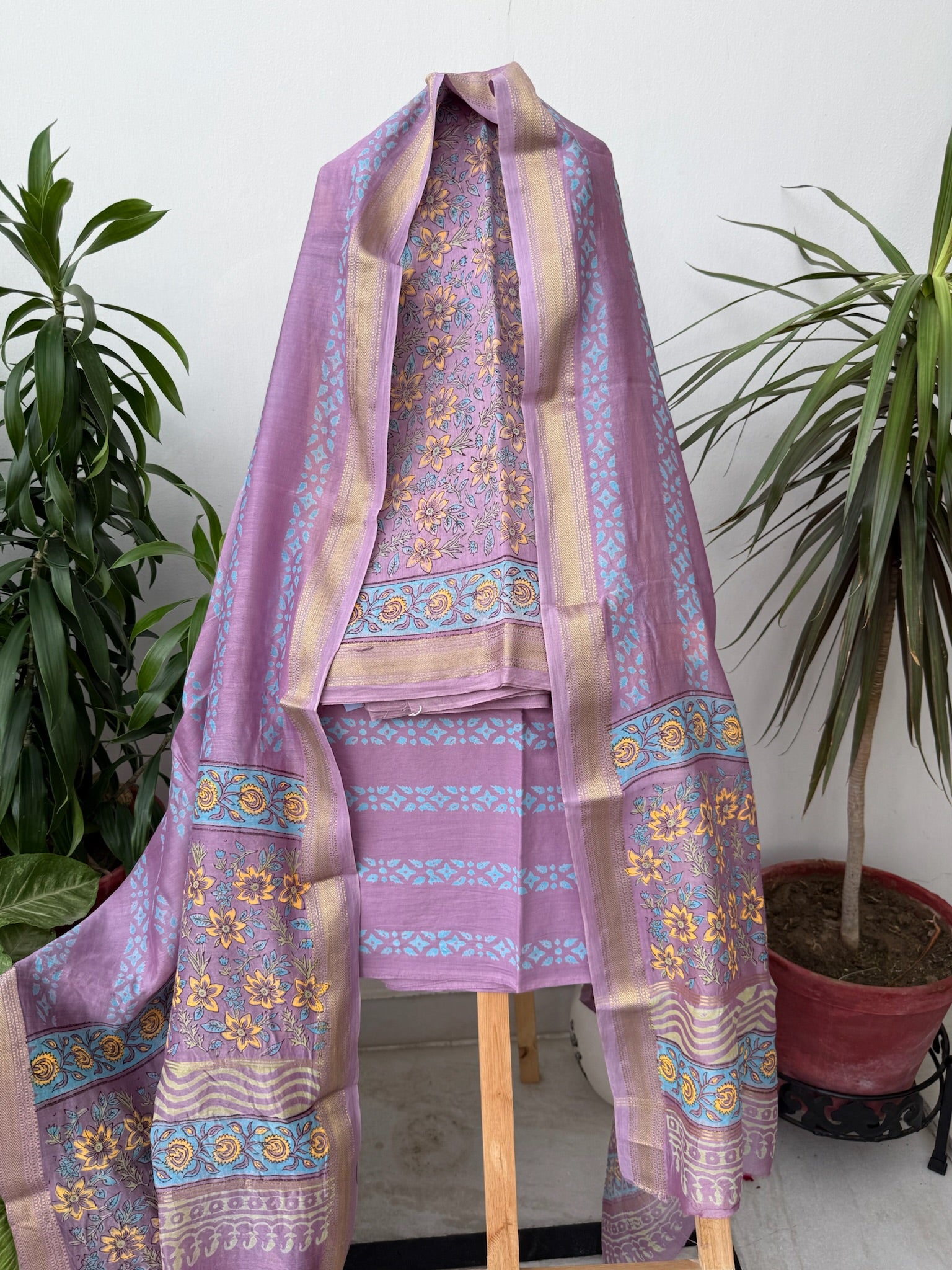 Lavender Maheshwari Cotton Silk Suit Set with Yellow blue Floral Prints