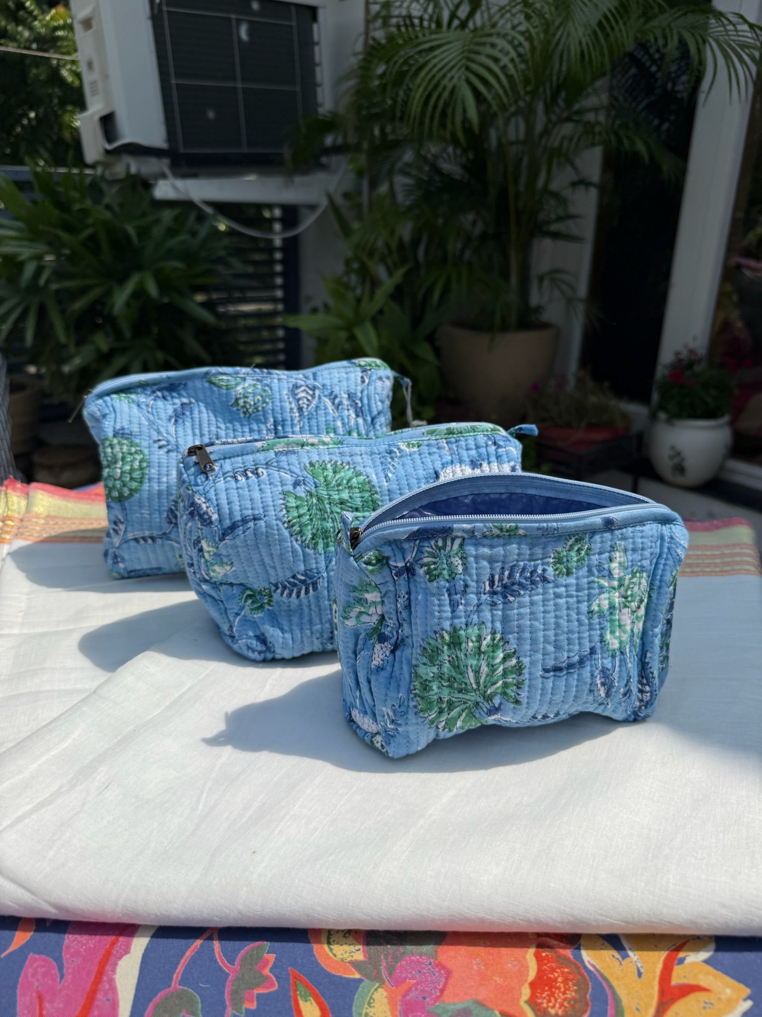 Blue Floral Pouch Set of 3